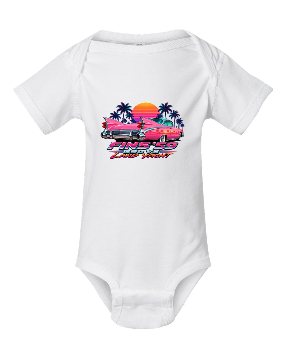 1959 Cadillac Series 62 Coupe de Ville rear fins against an airbrush retro sunset white baby onesie front view with the design