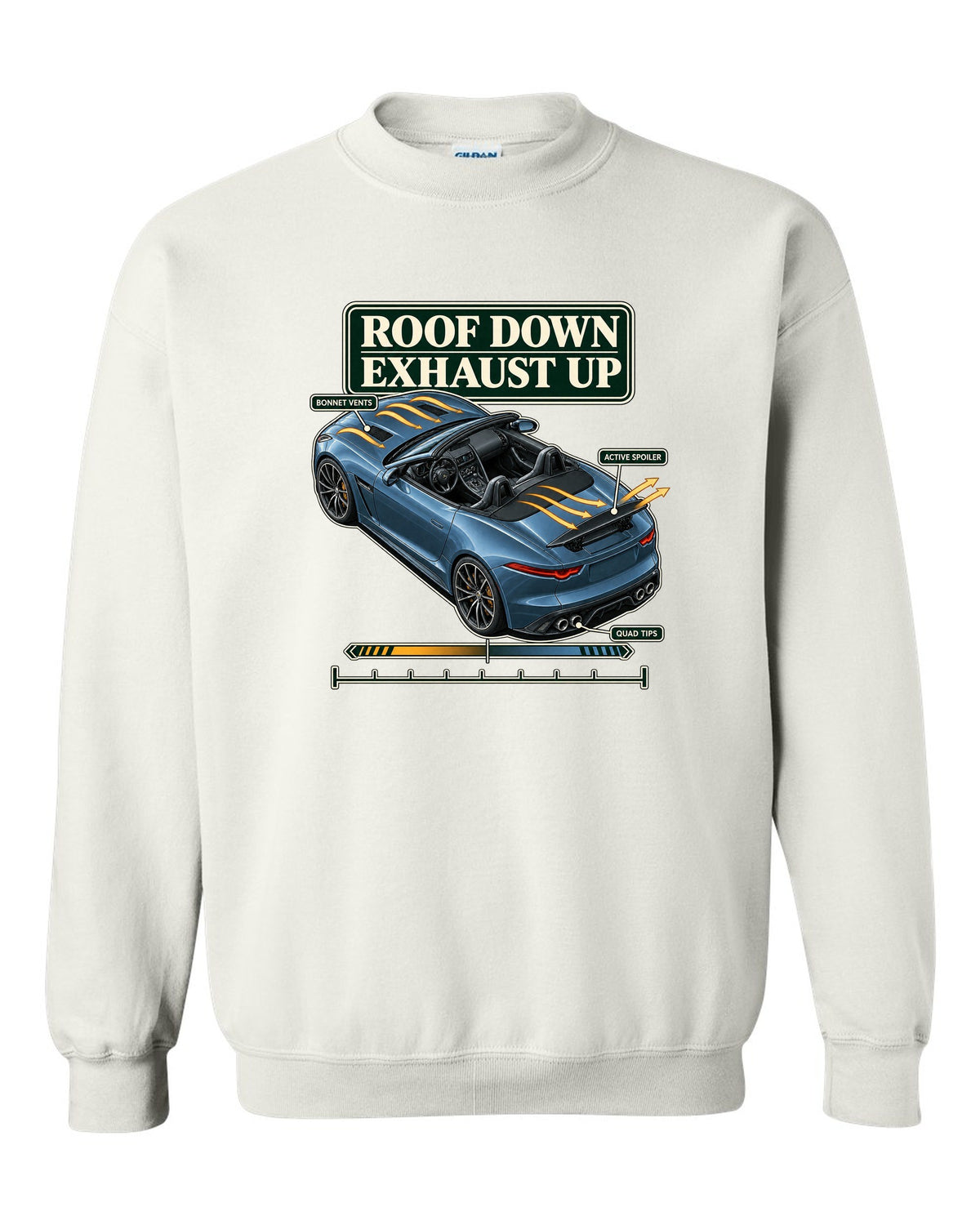 Aero cutaway callout print of the Jaguar F-Type R Convertible with roof down exhaust up text white crewneck front view with the design