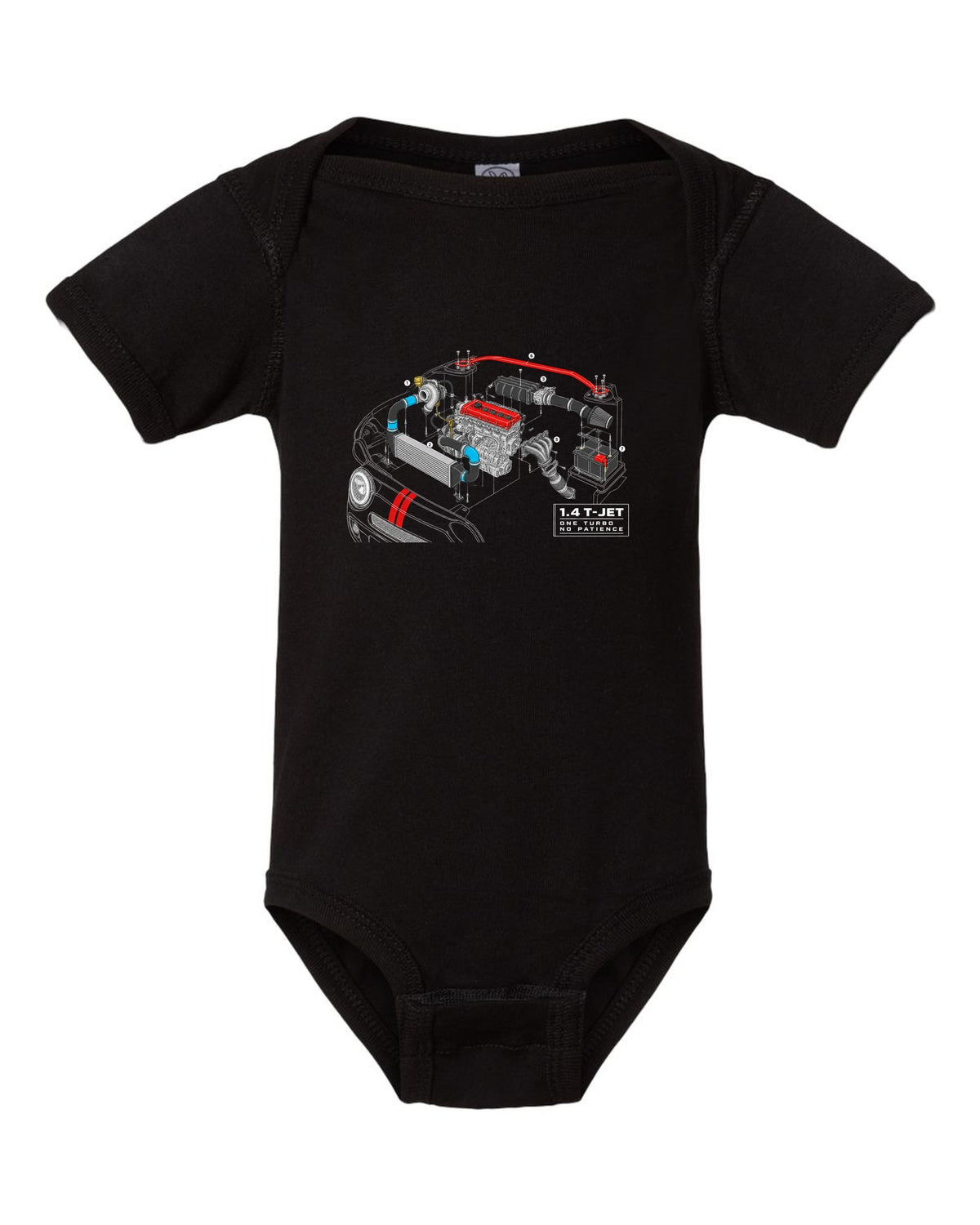 Exploded cutaway engine blueprint of the Abarth 695 1.4 T-Jet black baby onesie front view with the design