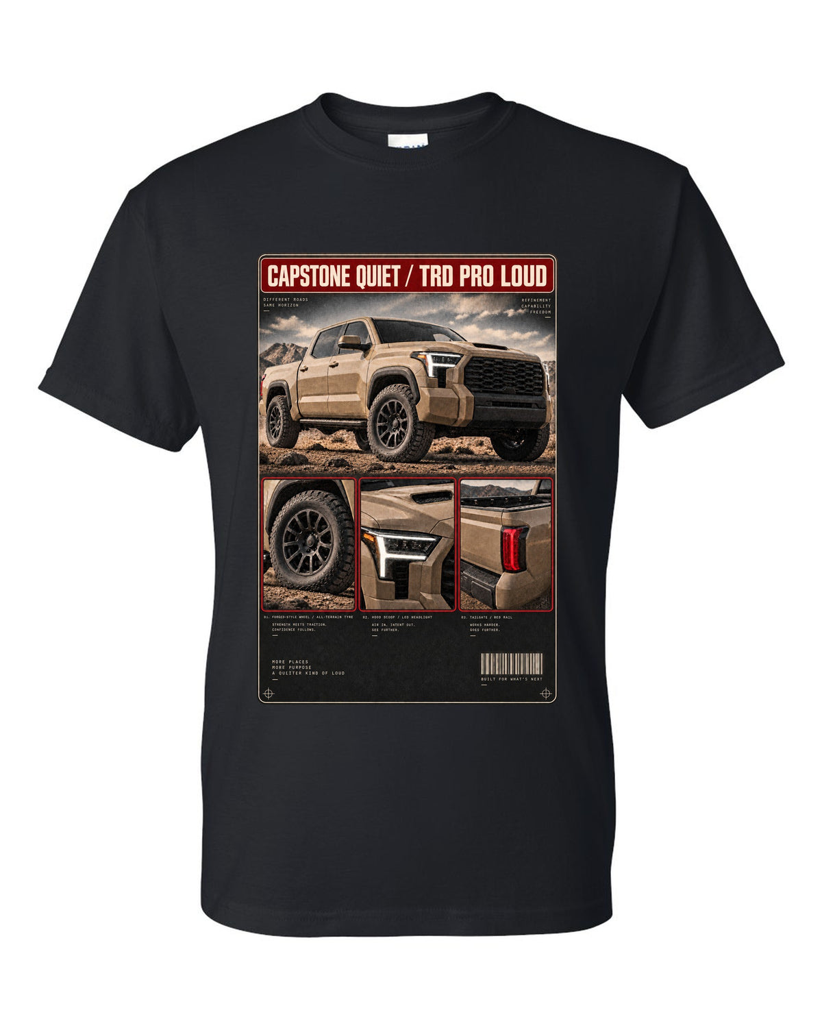 Toyota Tundra TRD Pro CrewMax dossier panel design black t-shirt front view with the design
