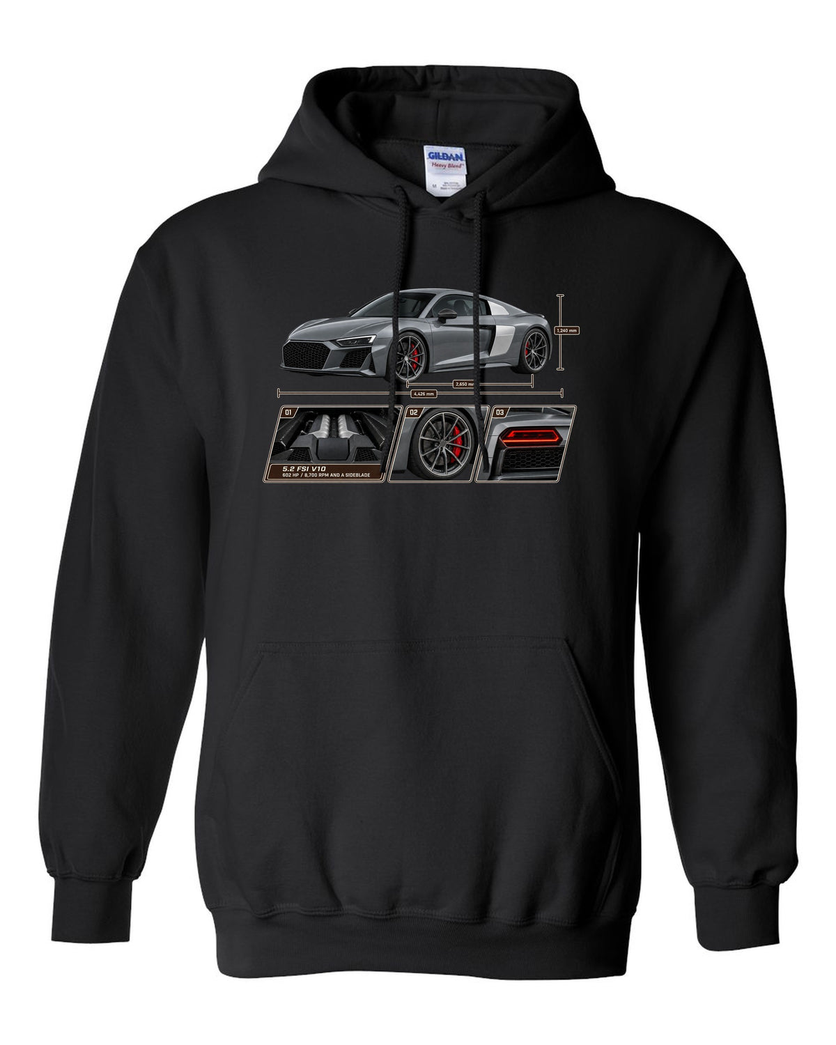 Dossier panel print of a Nardo grey Audi R8 V10 Performance black pull over hoodie front view with the design