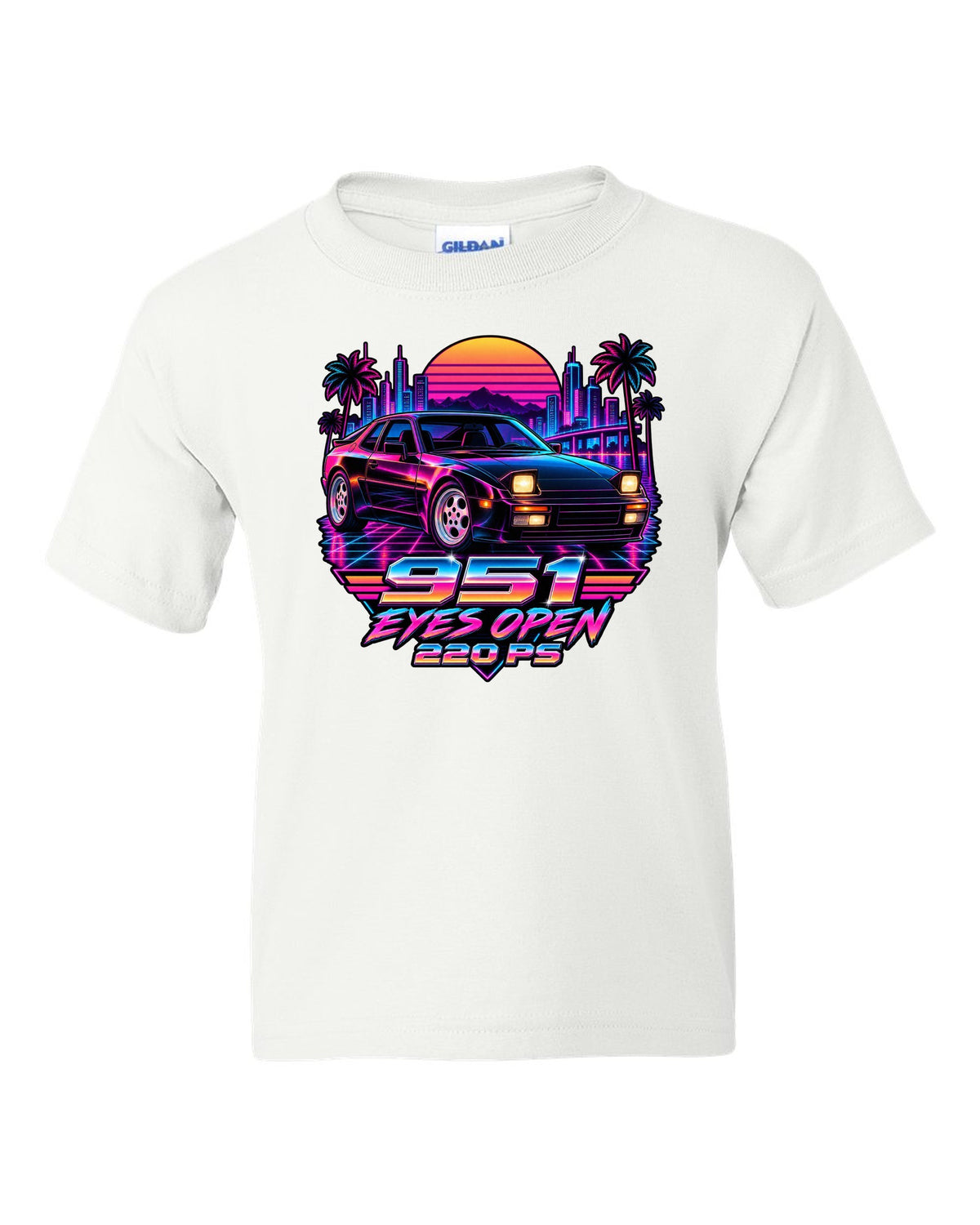 Synthwave neon Porsche 944 Turbo 951 with pop-up headlights open white kids tee front view with the design