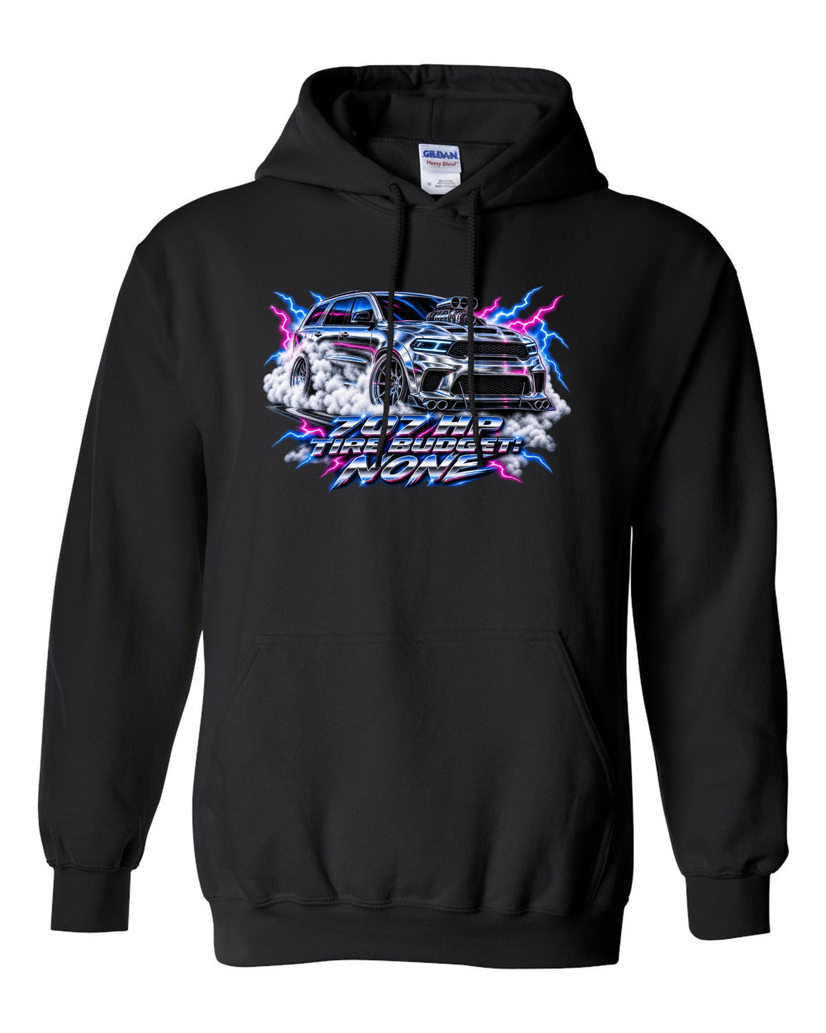 80s airbrush chrome print of a Jeep Grand Cherokee WK2 Trackhawk with 707 HP text black pull over hoodie front view with the design