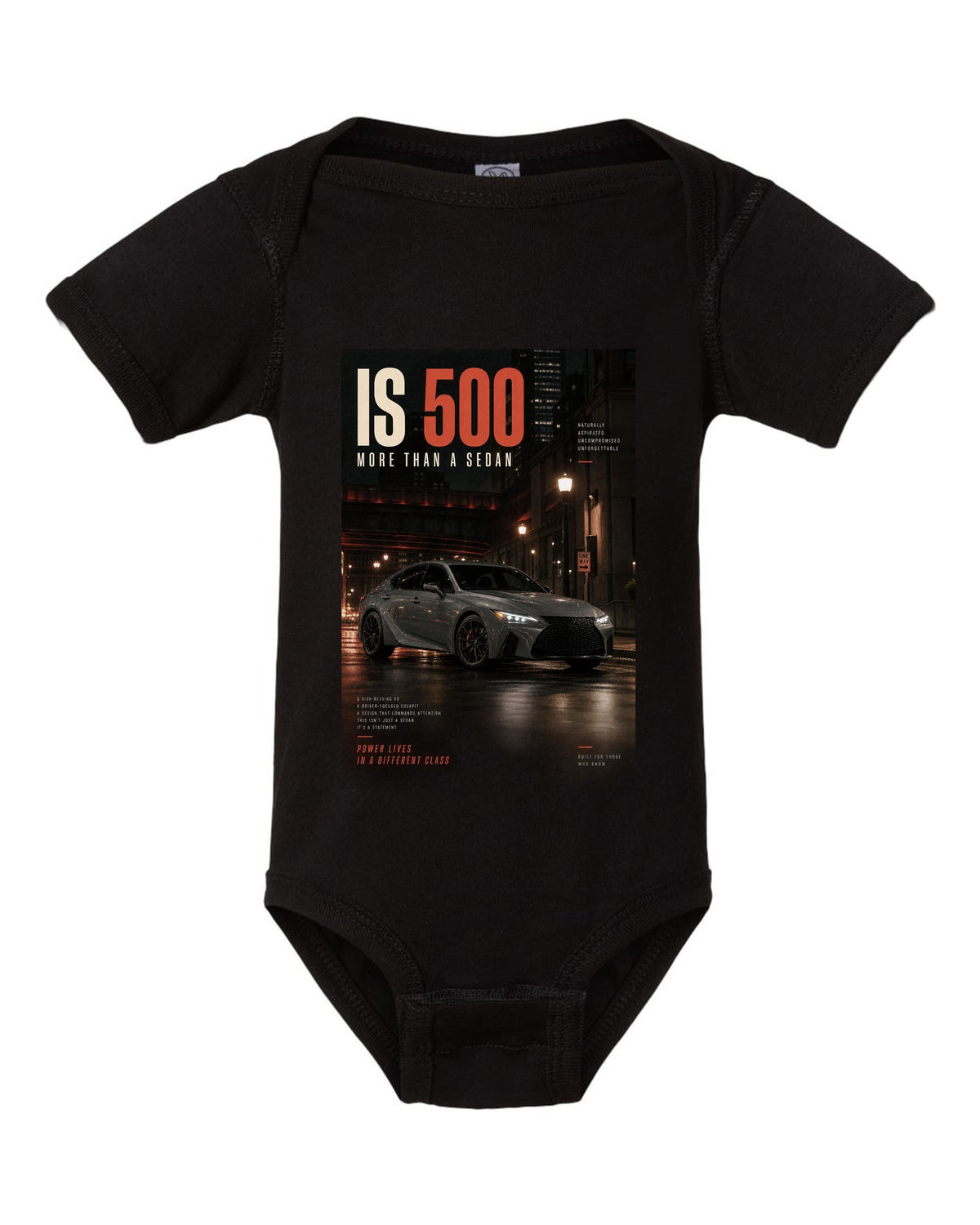Halftone print of the Lexus IS 500 with 5.0 V8 text black baby onesie front view with the design