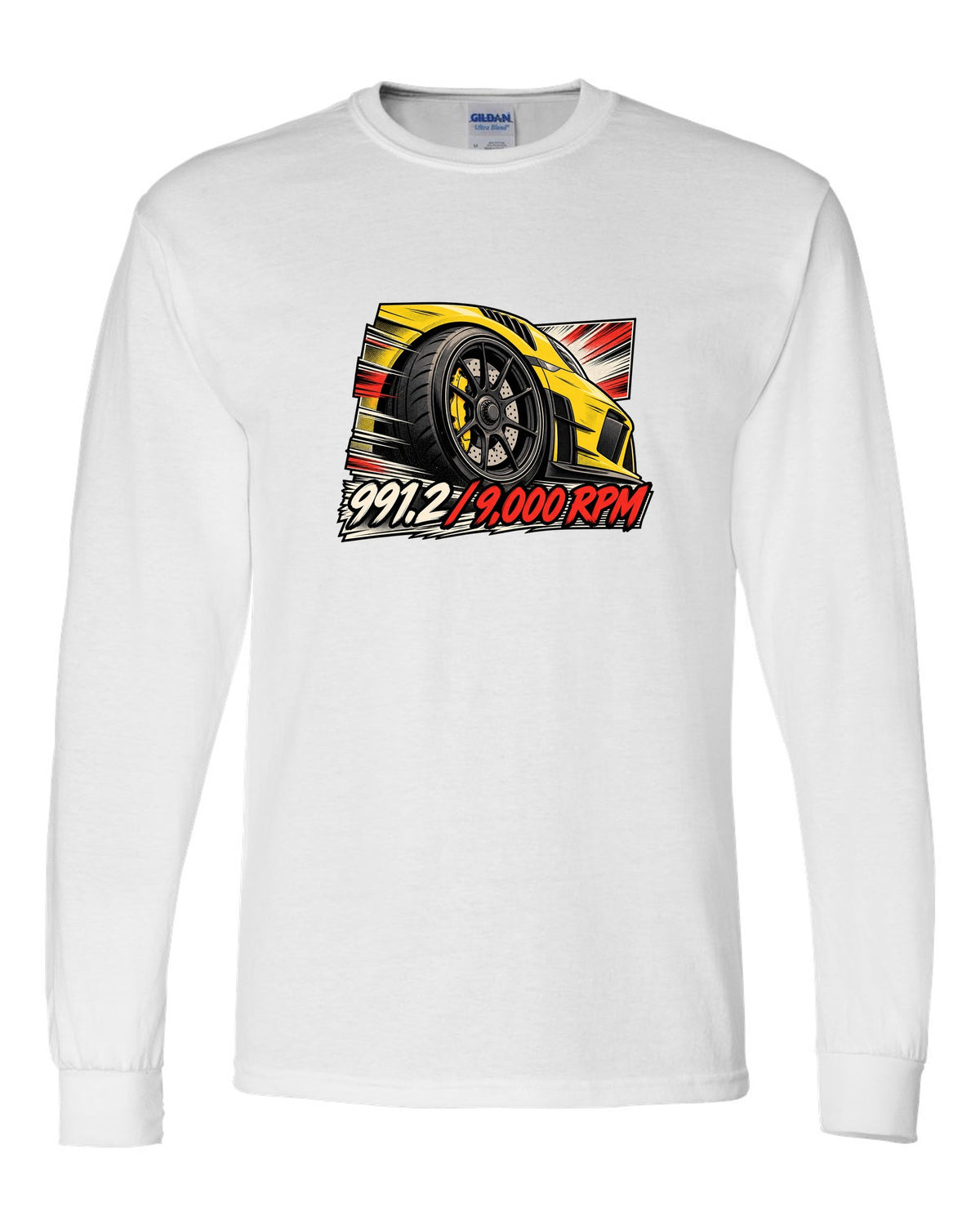 Porsche 991.2 GT3 RS retro manga panel with centre lock wheel and 9,000 RPM text white long sleeve front view with the design