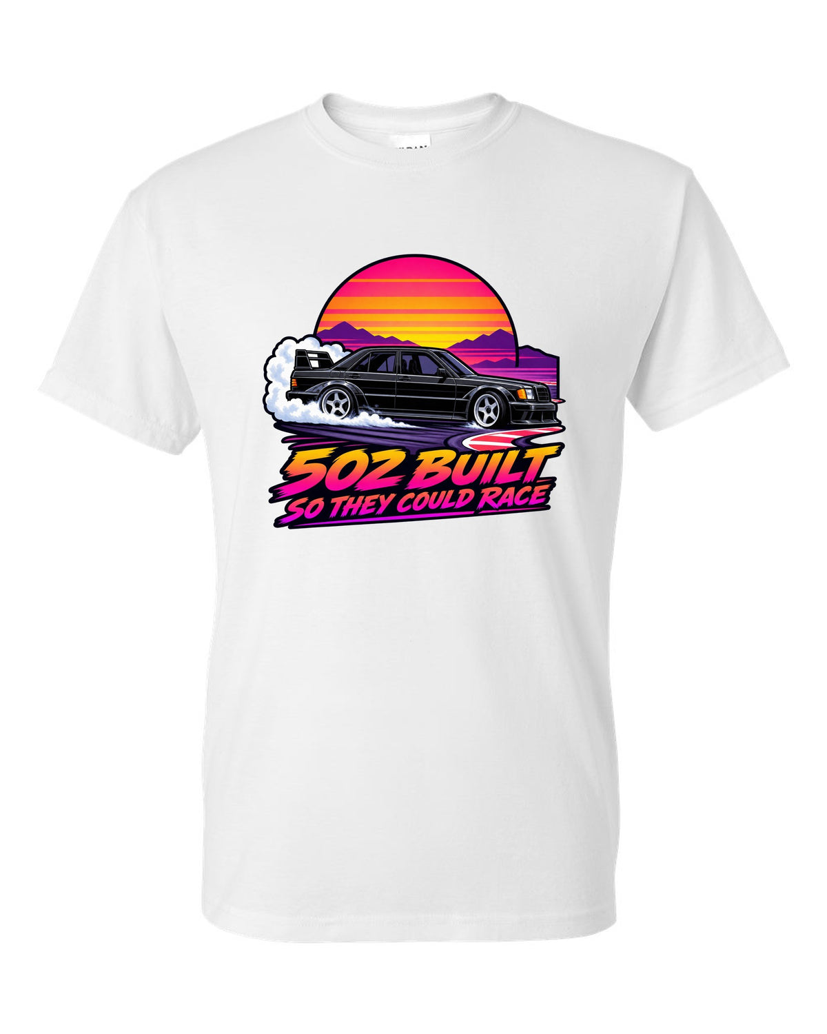 Flat vector eighties sunset gradient print of a Mercedes-Benz 190E Evo II W201 sliding through a chicane white t-shirt front view with the design