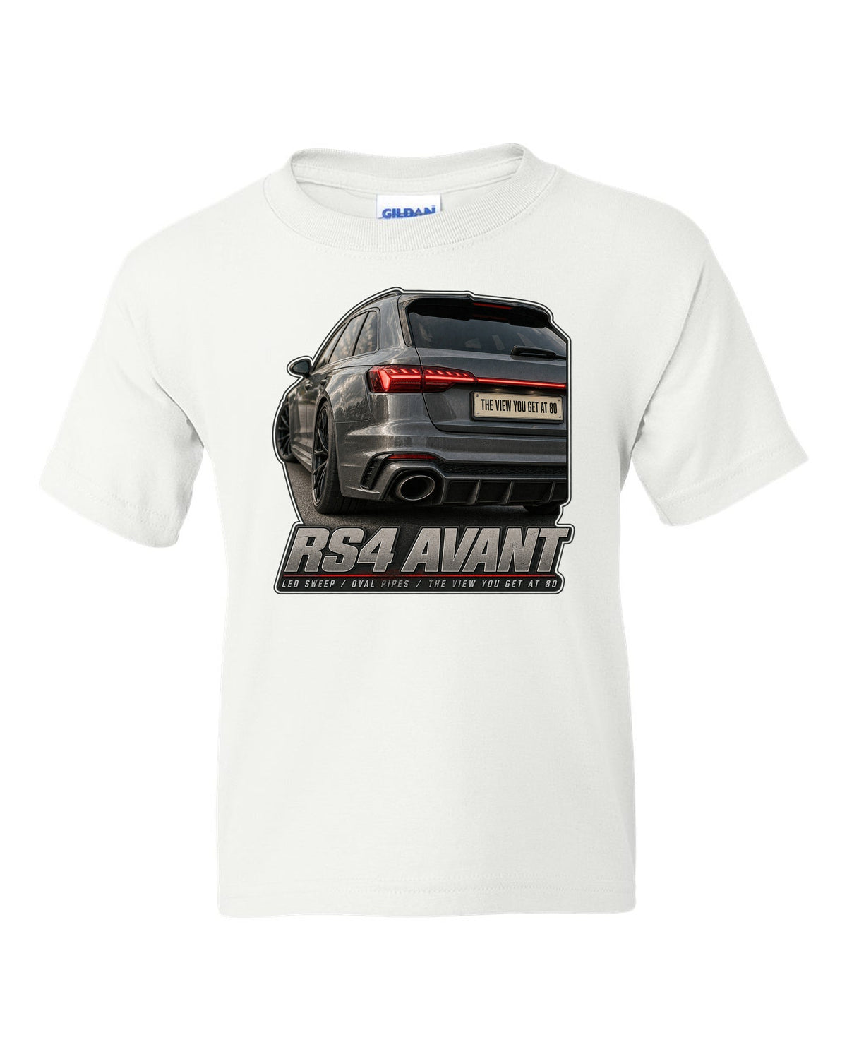 Audi RS4 Avant B9 rear taillight macro with LED sweep and oval pipes print white kids tee front view with the design