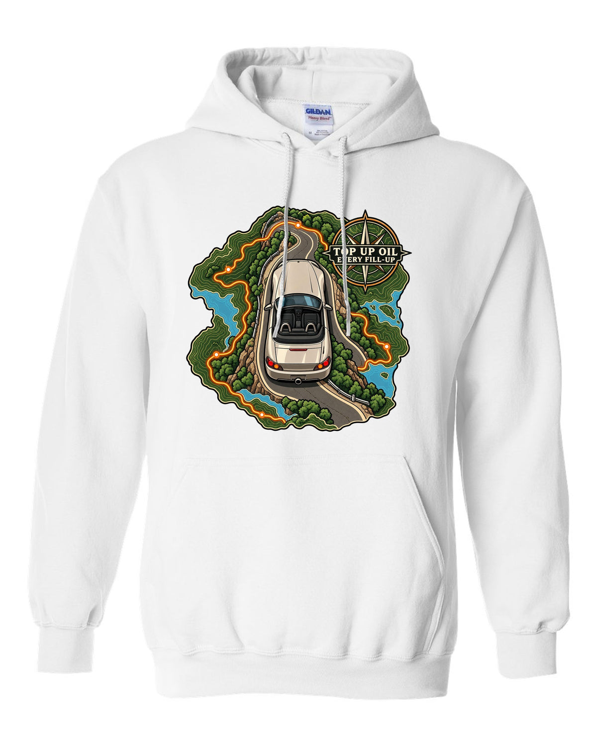 Topographic route map print of a 1999 Honda S2000 AP1 roadster with top up oil text white pull over hoodie front view with the design