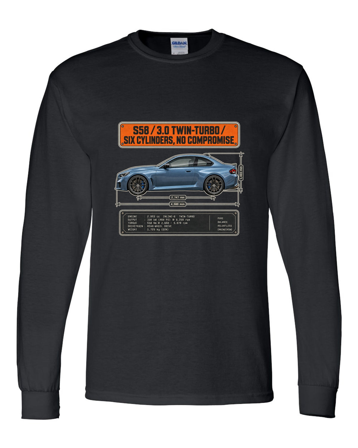 BMW M2 G87 dimension blueprint print with S58 3.0 twin-turbo text black long sleeve front view with the design