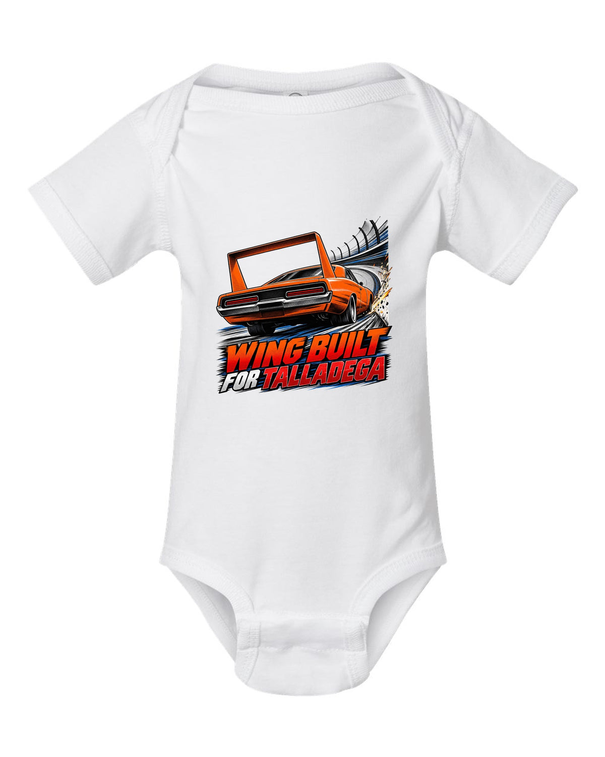 Retro manga halftone panel of a 1969 Dodge Charger Daytona with wing speed lines and Talladega text white baby onesie front view with the design