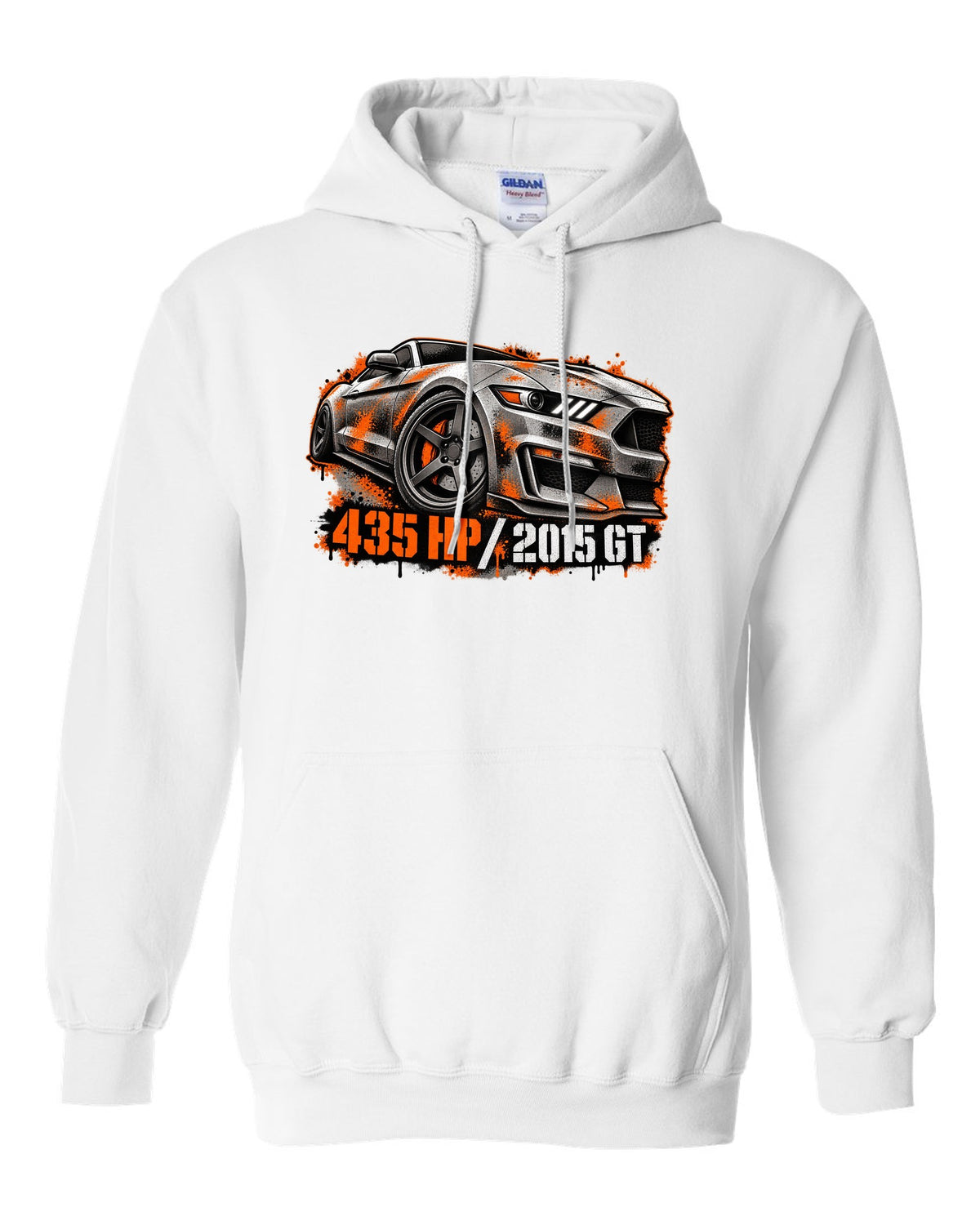 Stencil spray street art 2015 S550 Ford Mustang GT fastback with 435 HP text white pull over hoodie front view with the design