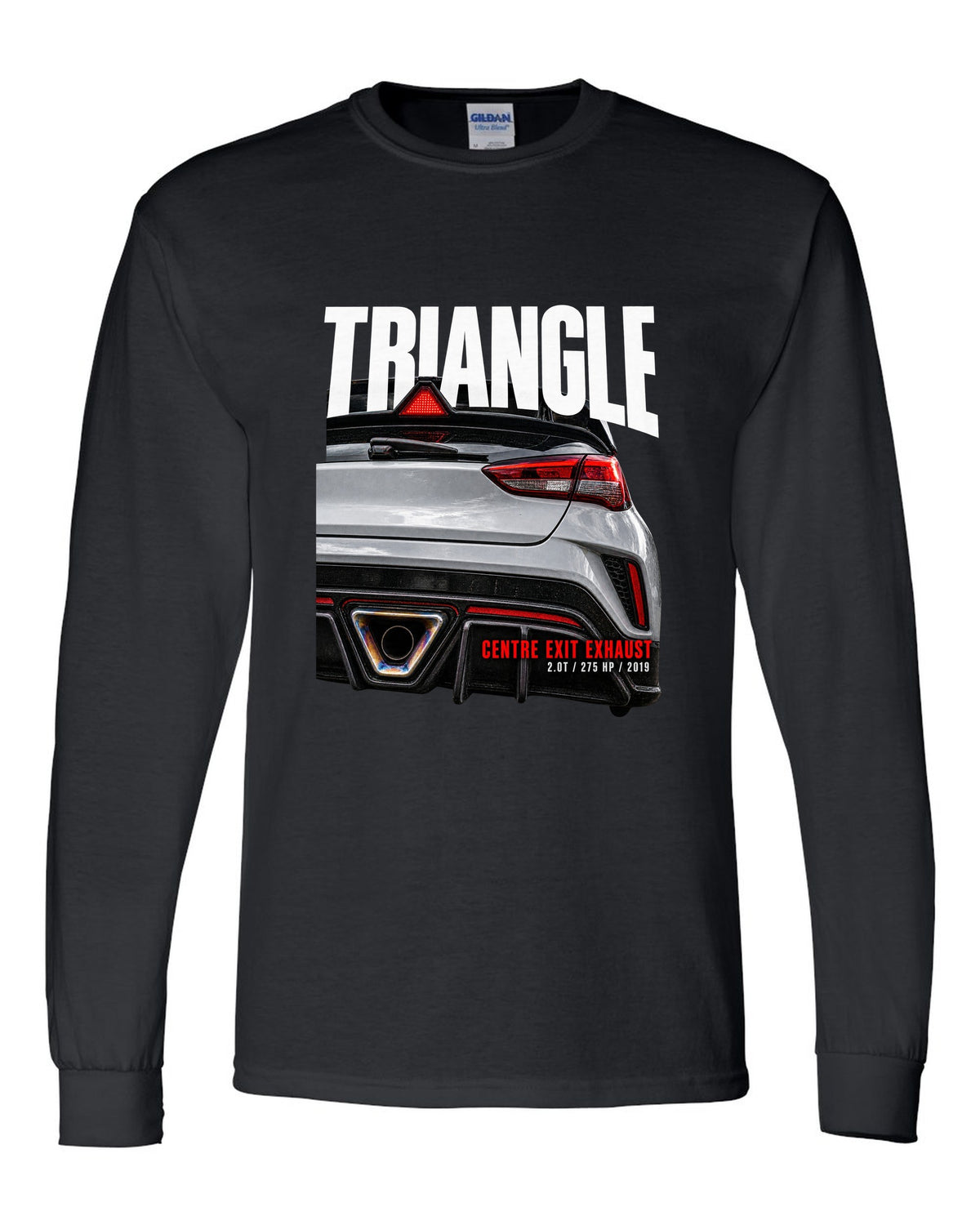 Rear macro of Hyundai Veloster N JS showing triangle and centre exit exhaust black long sleeve front view with the design