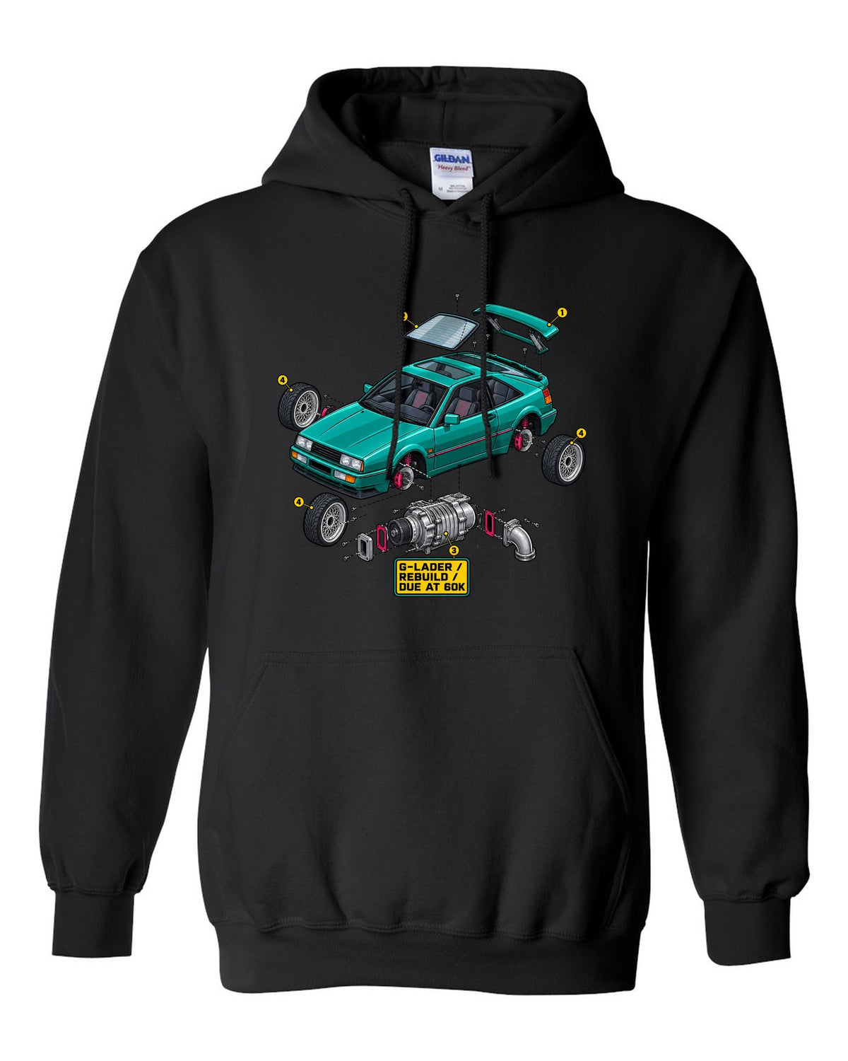 Exploded cutaway engine illustration of a VW Corrado G60 with G-Lader rebuild due at 60K text black pull over hoodie front view with the design