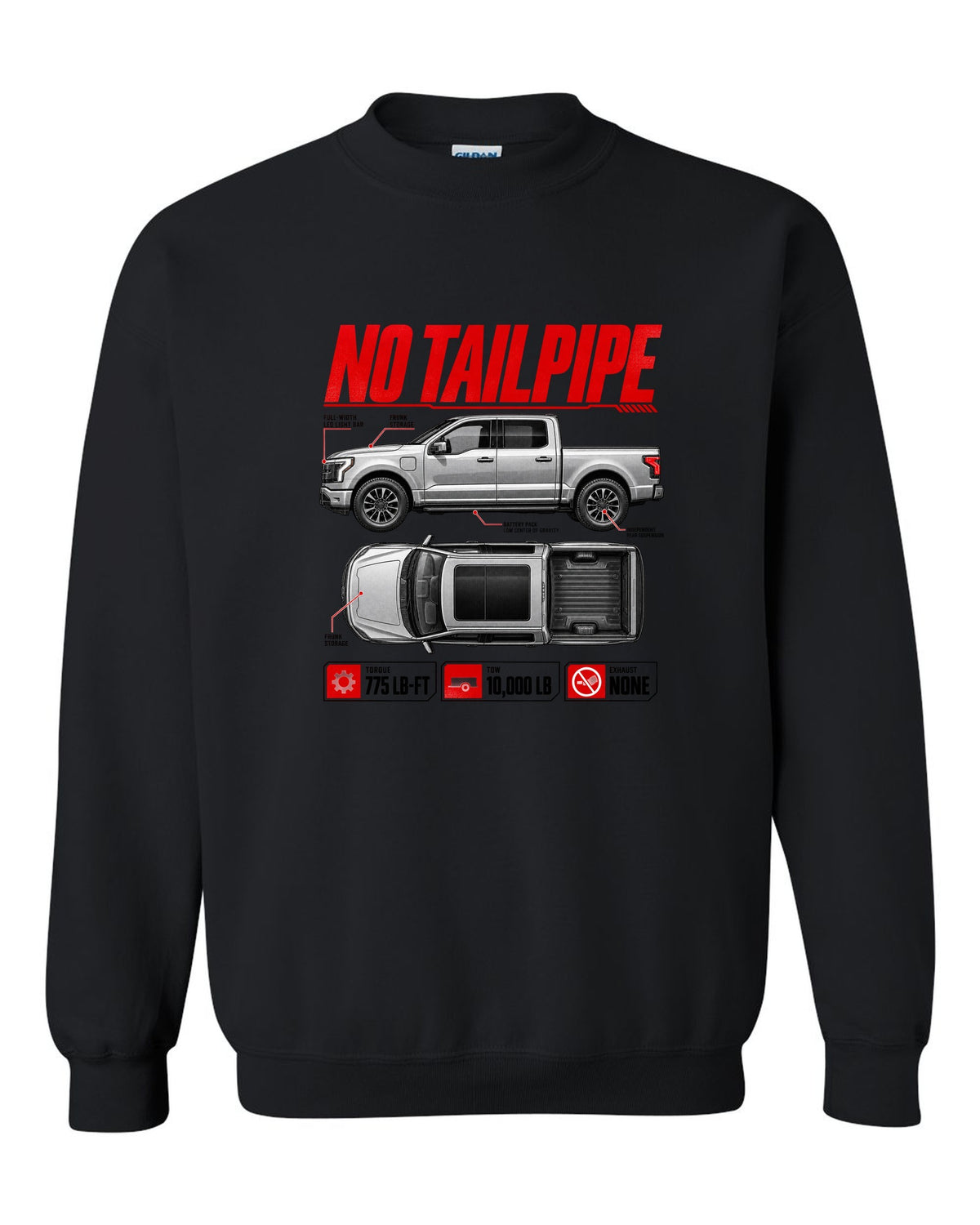 Ford F-150 Lightning 2022 top-down and profile spec sheet poster black crewneck front view with the design