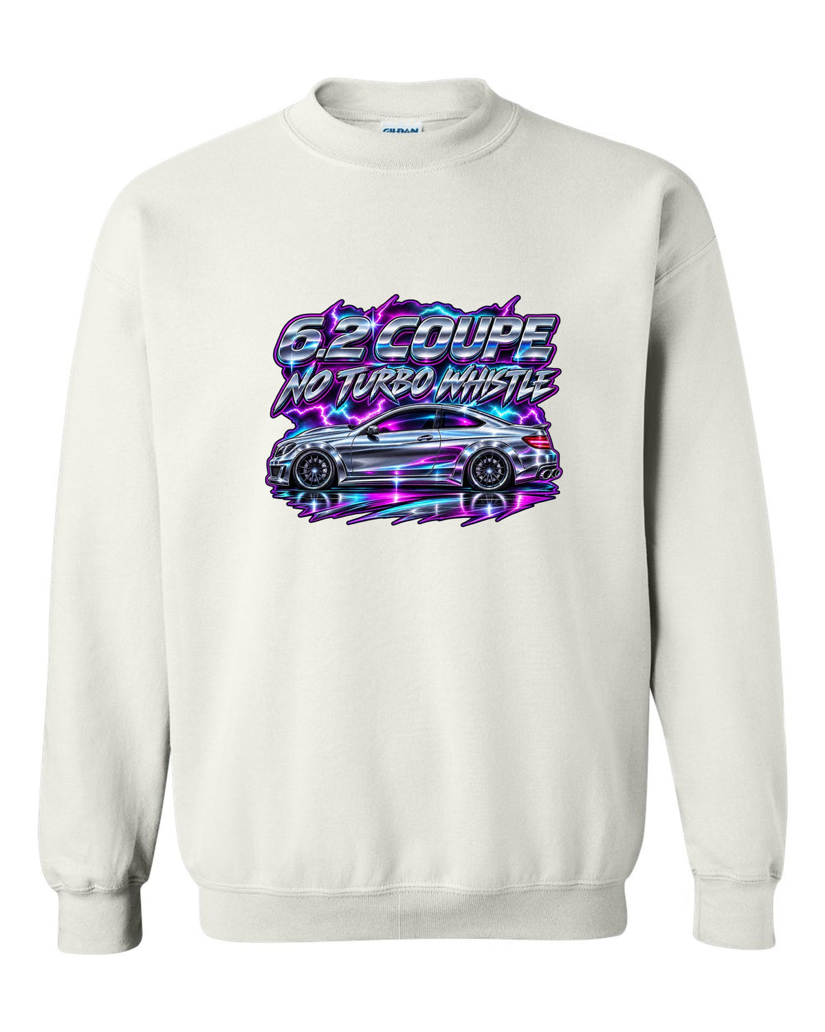 80s chrome airbrush print of a Mercedes C63 Coupe C204 white crewneck front view with the design