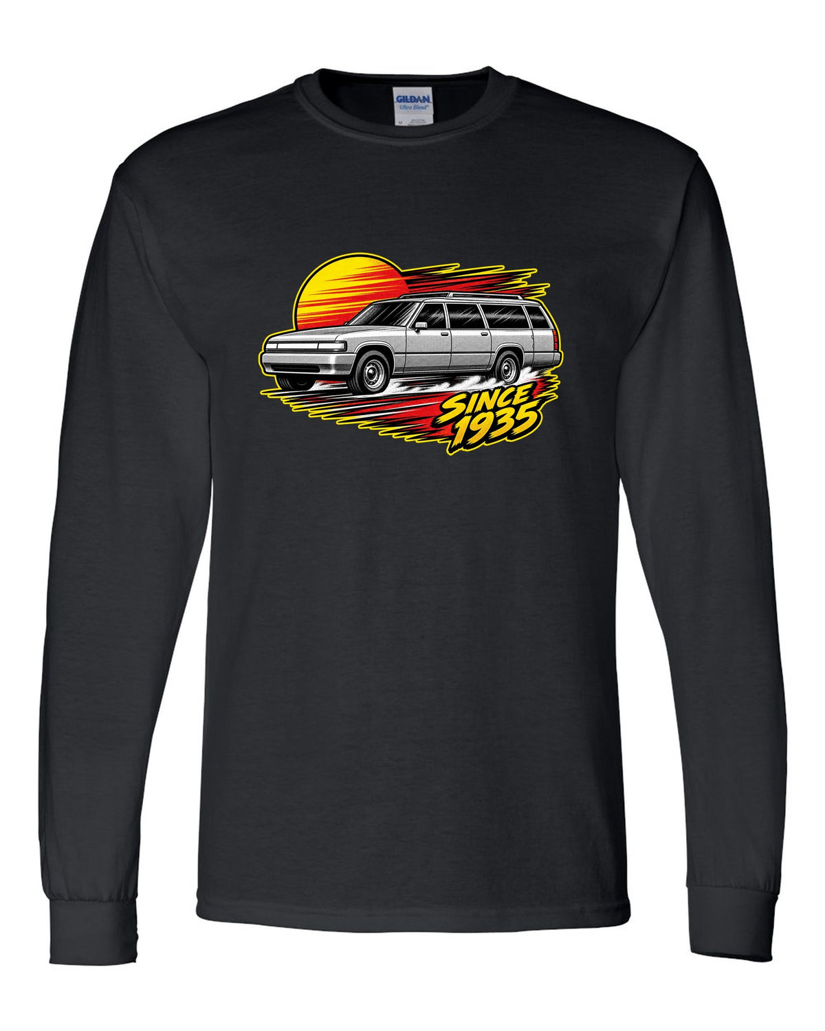 Retro manga halftone panel print of a 1992-1999 Chevrolet Suburban GMT400 with Since 1935 text black long sleeve front view with the design