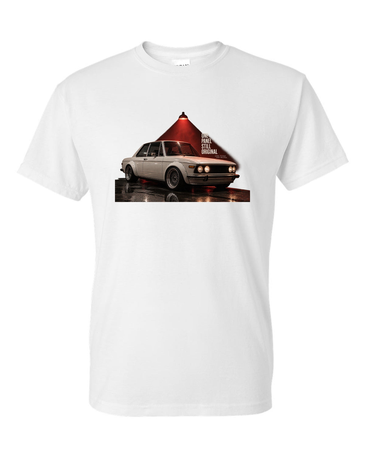 BMW E30 M3 garage night print with one panel still original text white t-shirt front view with the design