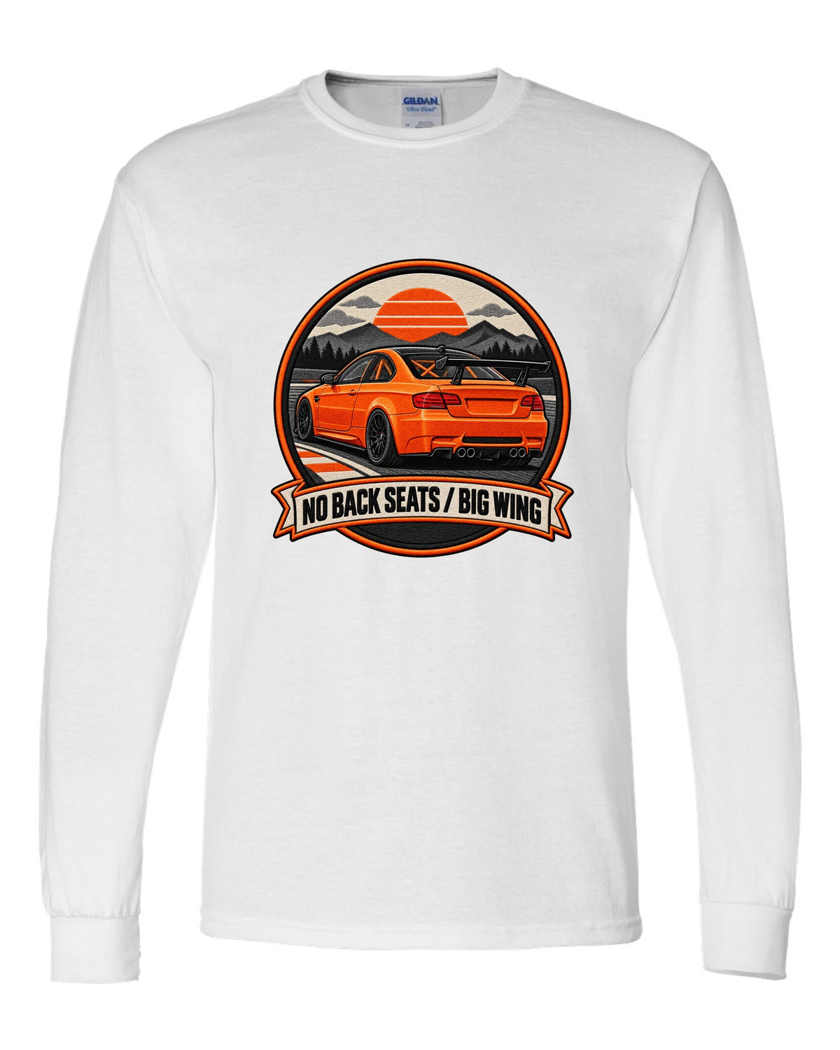 BMW E92 M3 GTS crest print with no back seats big wing text white long sleeve front view with the design