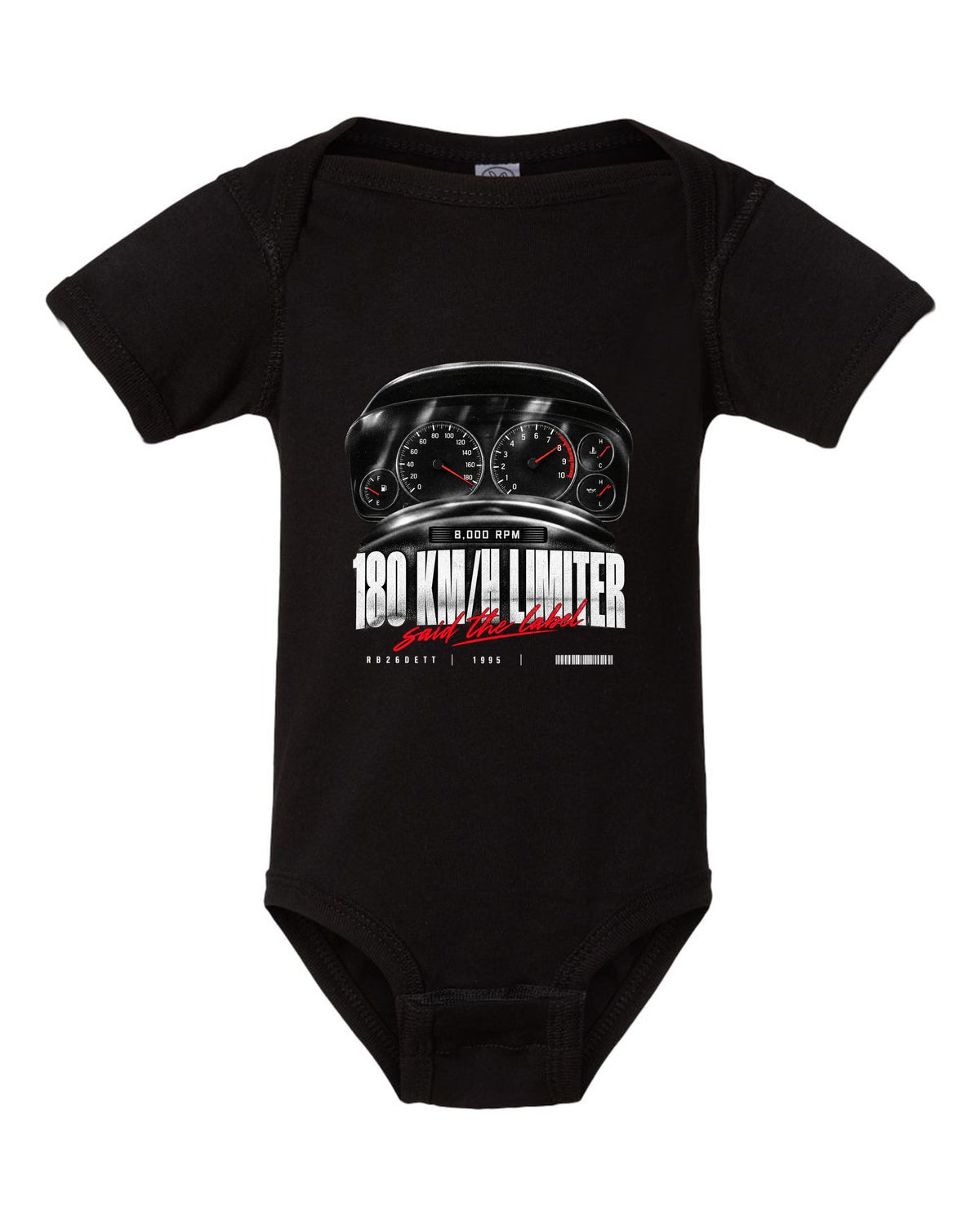 Instrument cluster of a Nissan Skyline GT-R R33 showing 180 km/h and 8,000 rpm with limiter caption black baby onesie front view with the design
