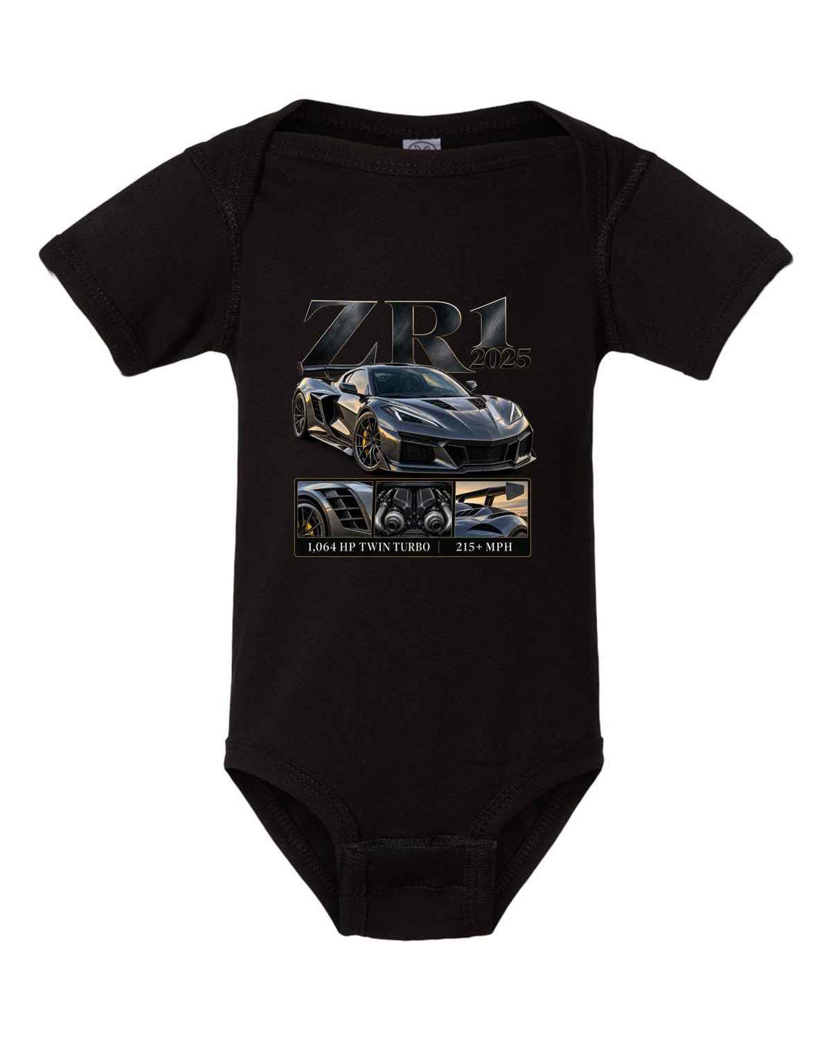 Corvette C8 ZR1 2025 with large fender vents, archive panel black baby onesie front view with the design