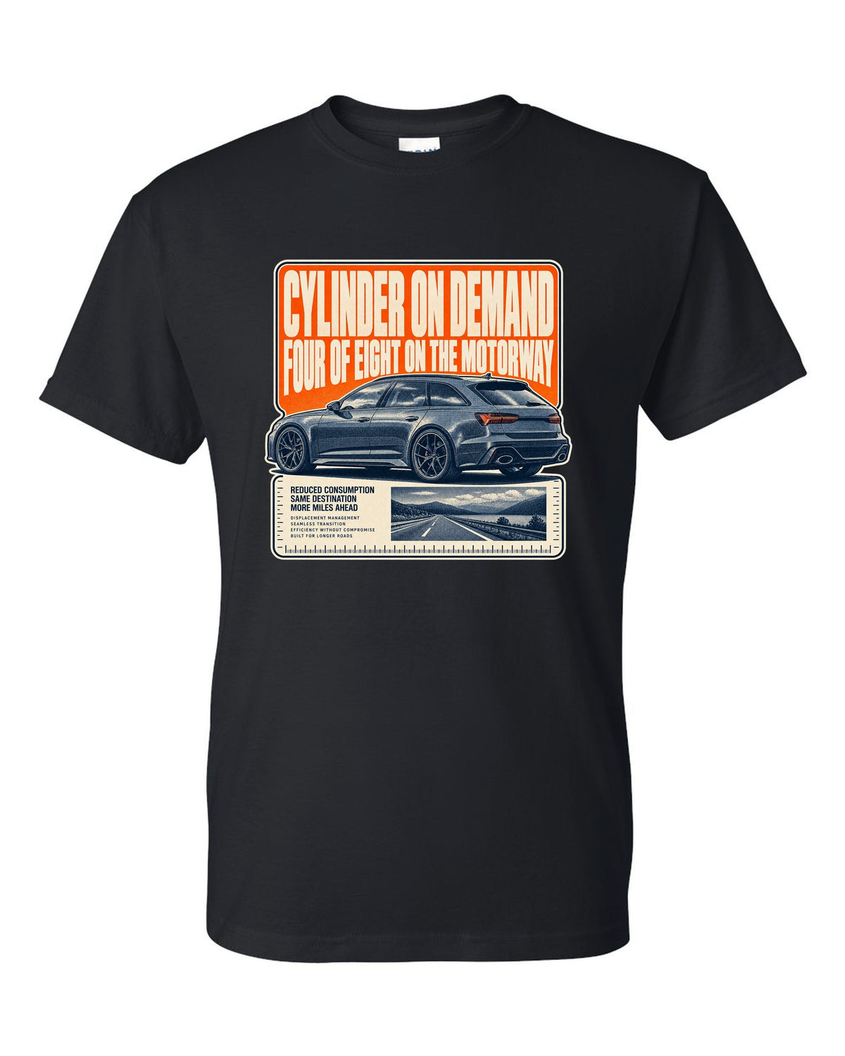 Audi RS6 Avant C8 wagon halftone statement print black t-shirt front view with the design