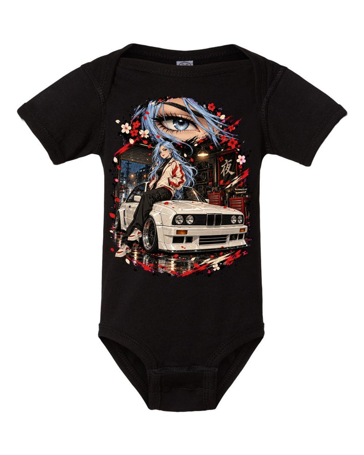 BMW M3 E30 Anime Girl Baby Onesie Black front