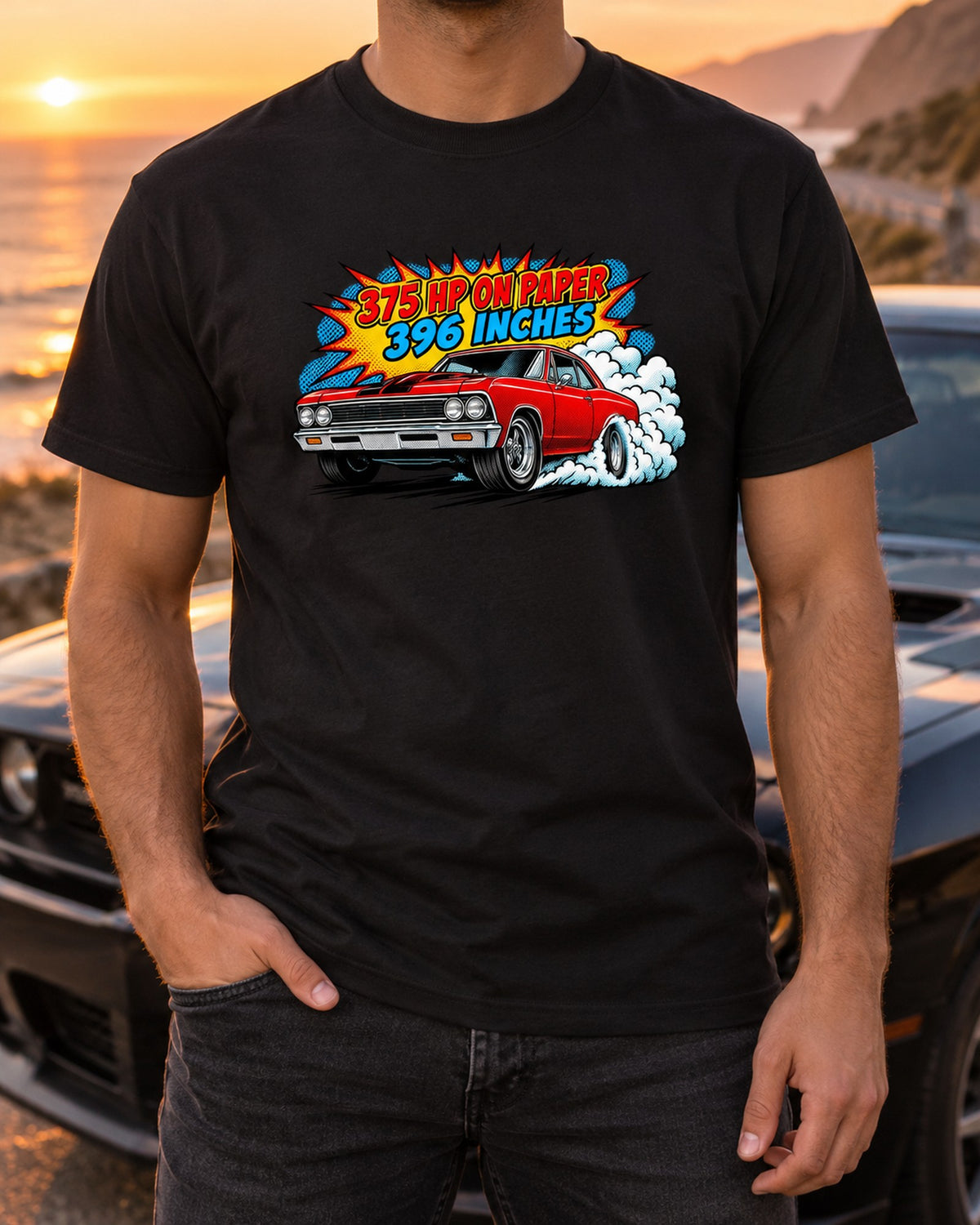 Chevelle Malibu SS 396 1966 Comic Pop-Art Burnout Car Shirt T-Shirt Black worn hero