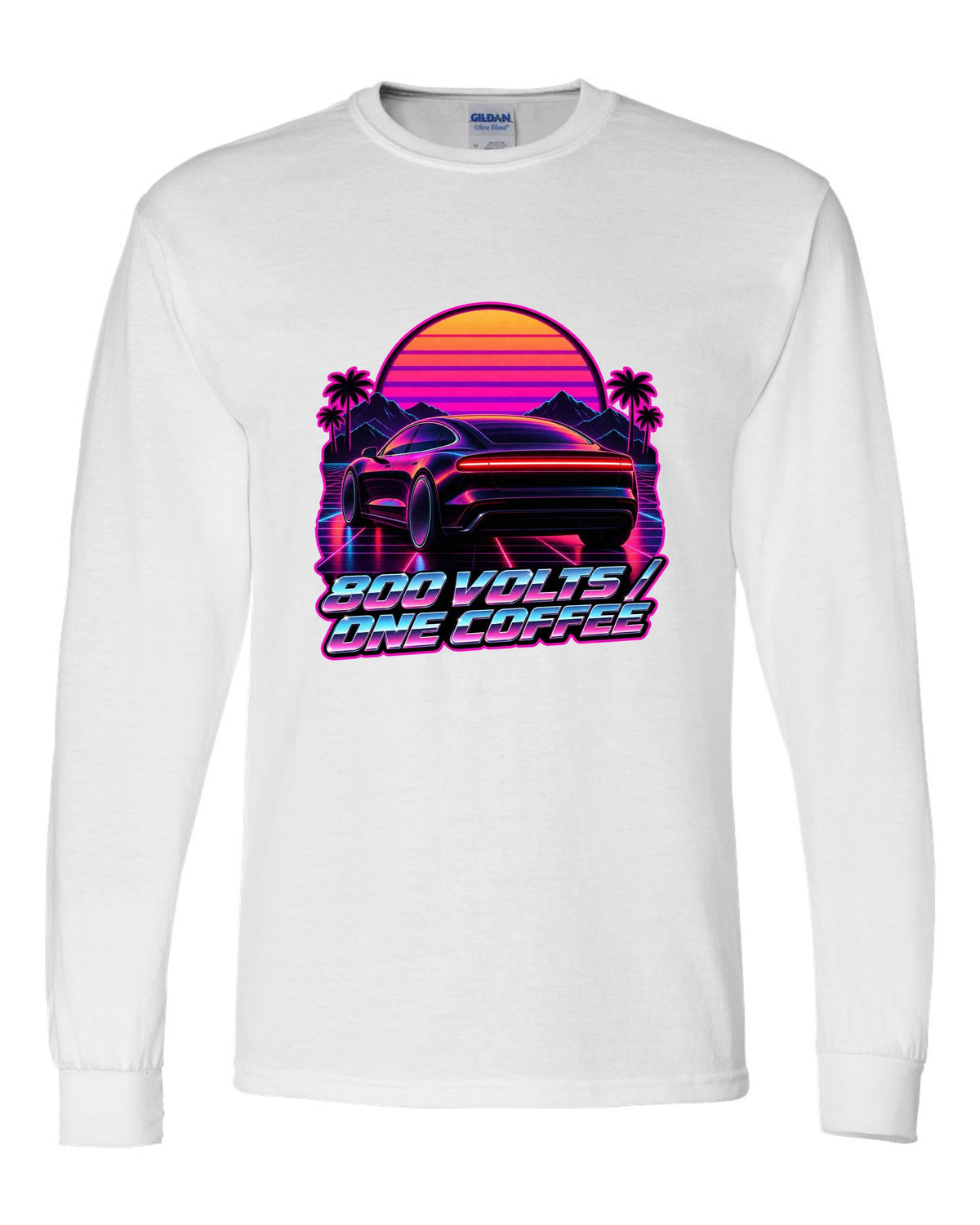 Porsche Taycan Turbo S 9J1 synthwave outrun light bar print with the text 800 volts one coffee white long sleeve front view with the design