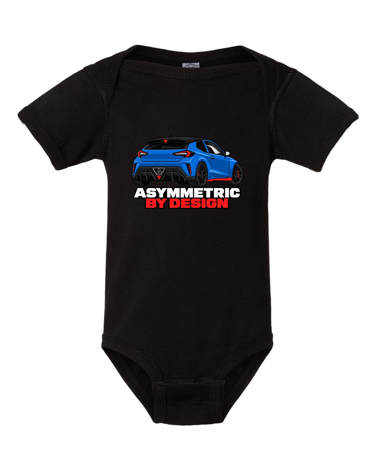 Hyundai Veloster N JS flat vector rear three-quarter print with asymmetric by design text black baby onesie front view with the design