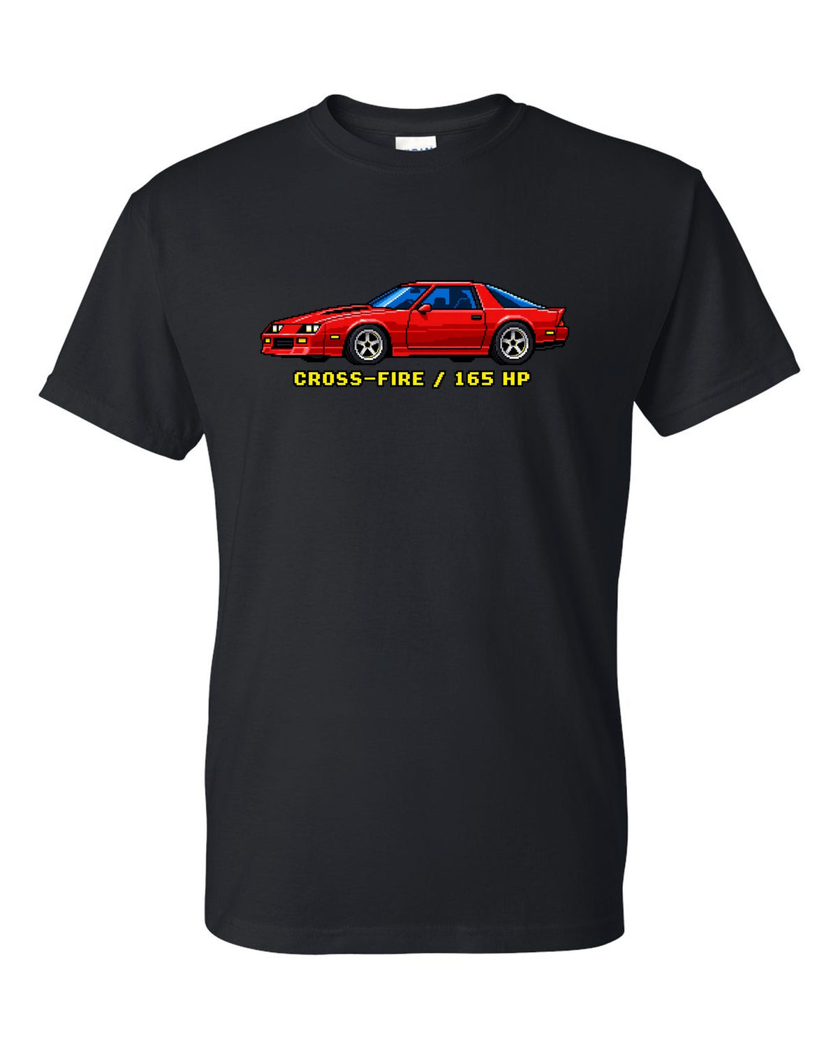 1982 Camaro Z28 third-generation chback in 16-bit pixel art with Cross-Fire 165 HP text black t-shirt front view with the design