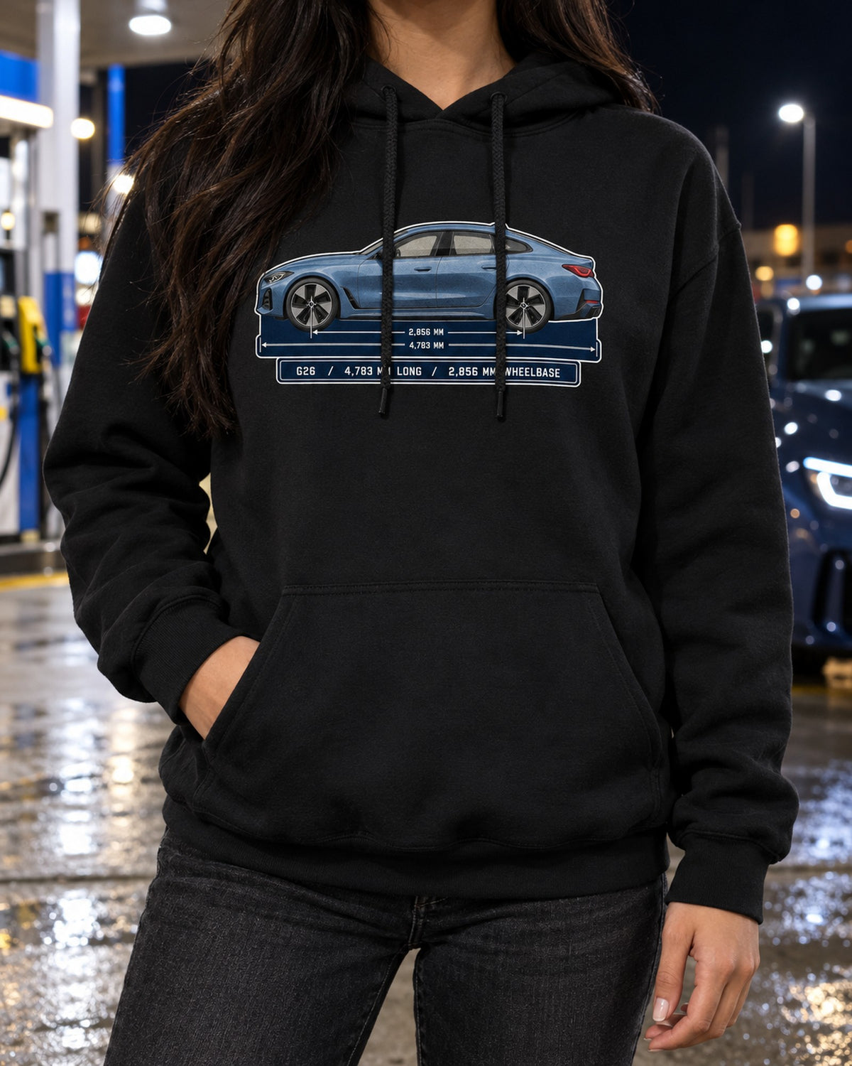 BMW i4 M50 G26 Gran Coupe Dimension Blueprint Shirt Pull Over Hoodie Black worn hero