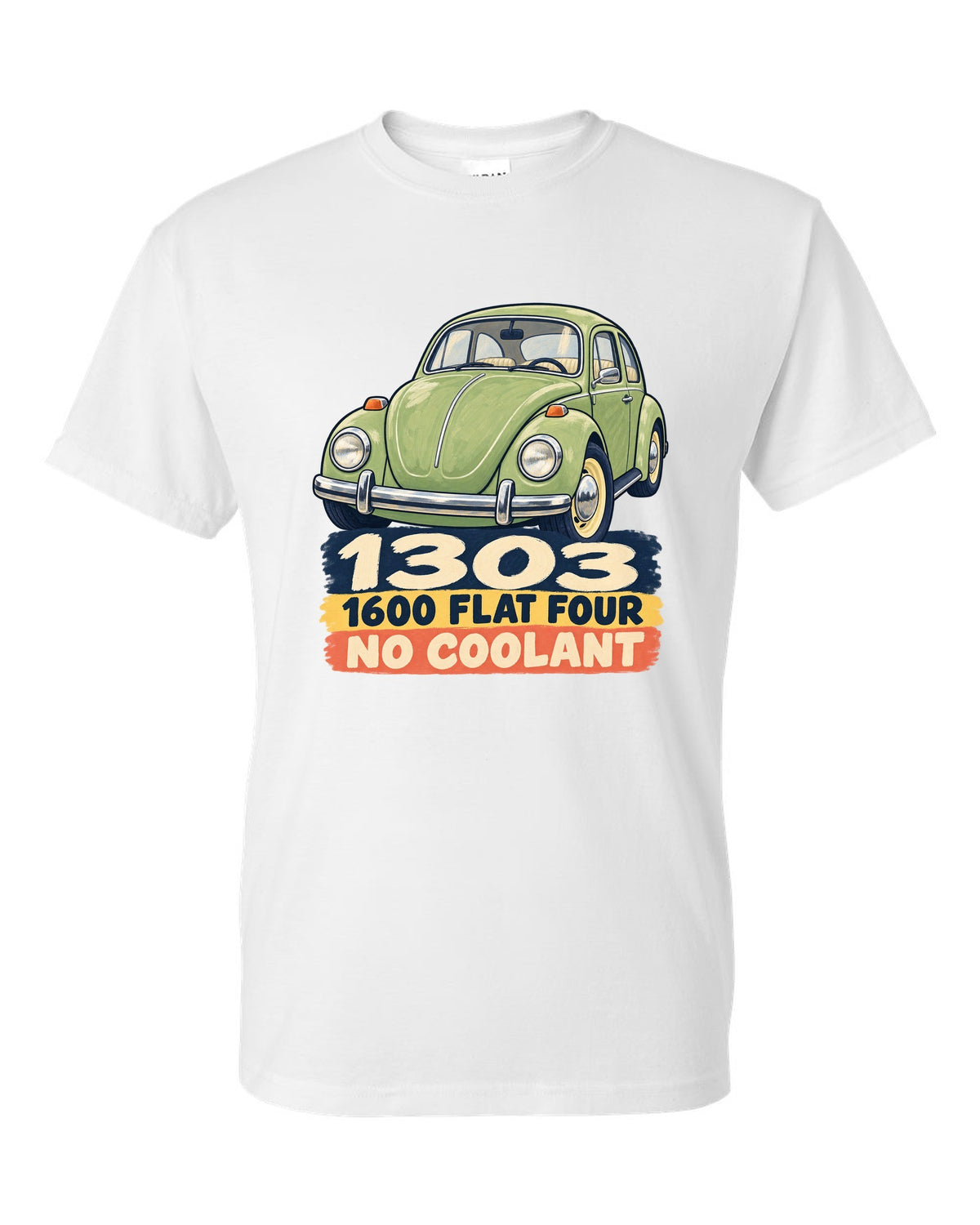 Gouache-style painted flat colour print of a VW Beetle Type 1 1303 with 1600 flat four lettering white t-shirt front view with the design