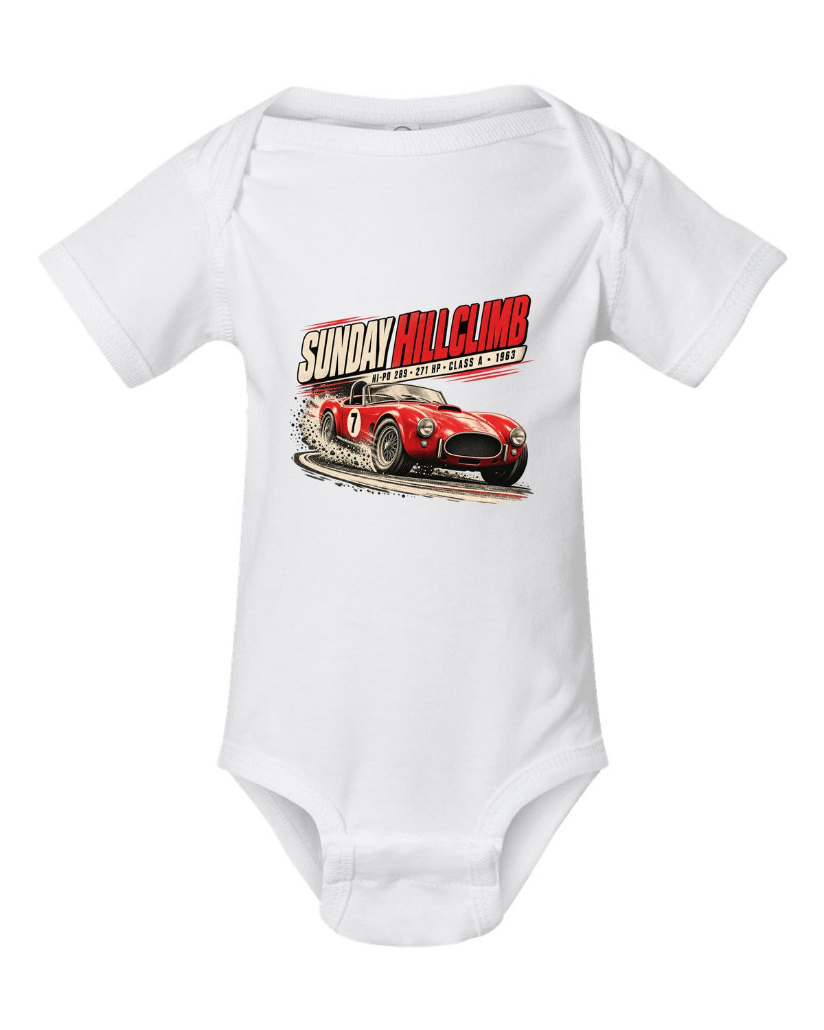 Race poster print of a 1963 289 roadster at a Sunday hillclimb white baby onesie front view with the design