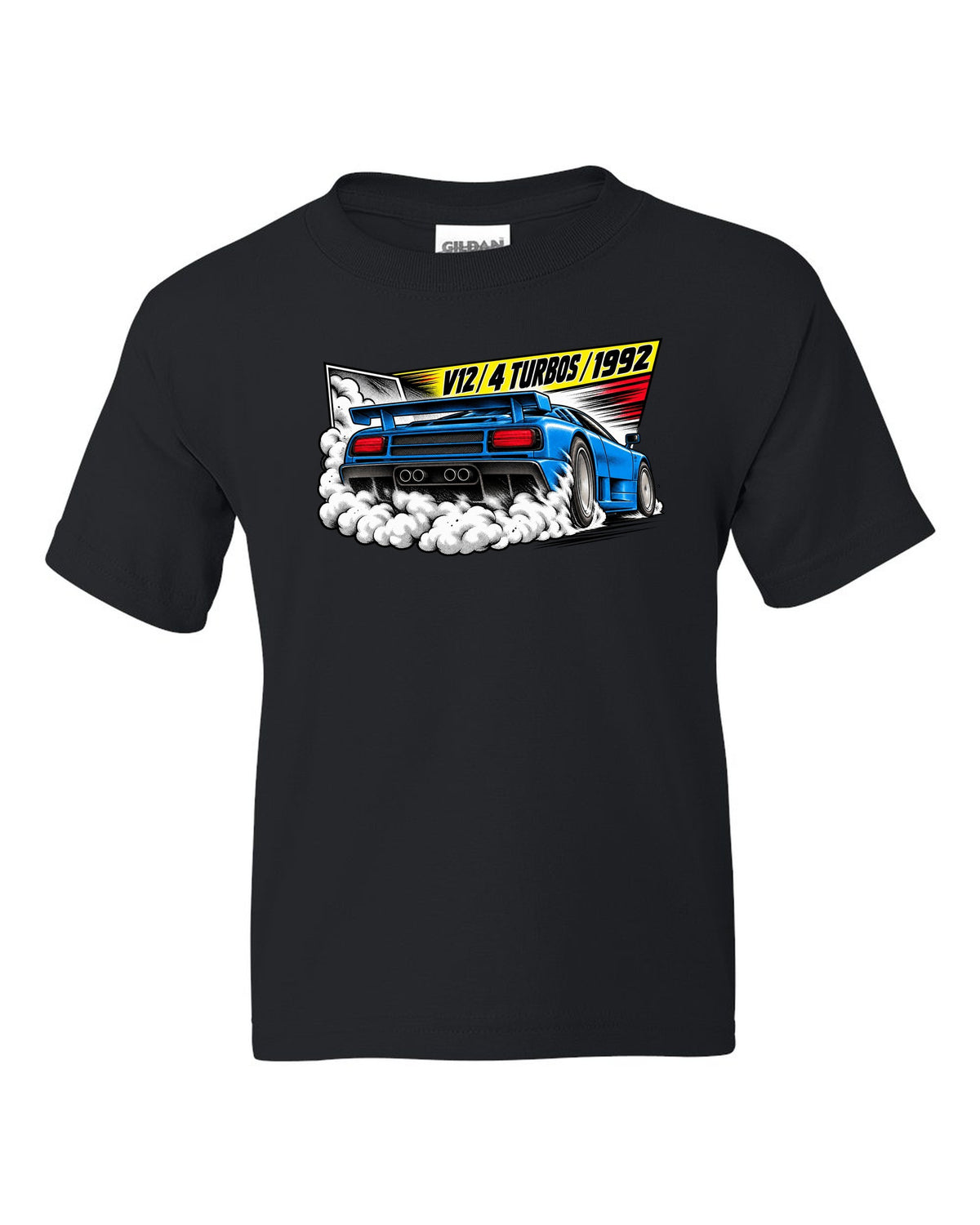 Retro manga halftone panel of a Bugatti EB110 SS burnout with V12 4 TURBOS 1992 lettering black kids tee front view with the design