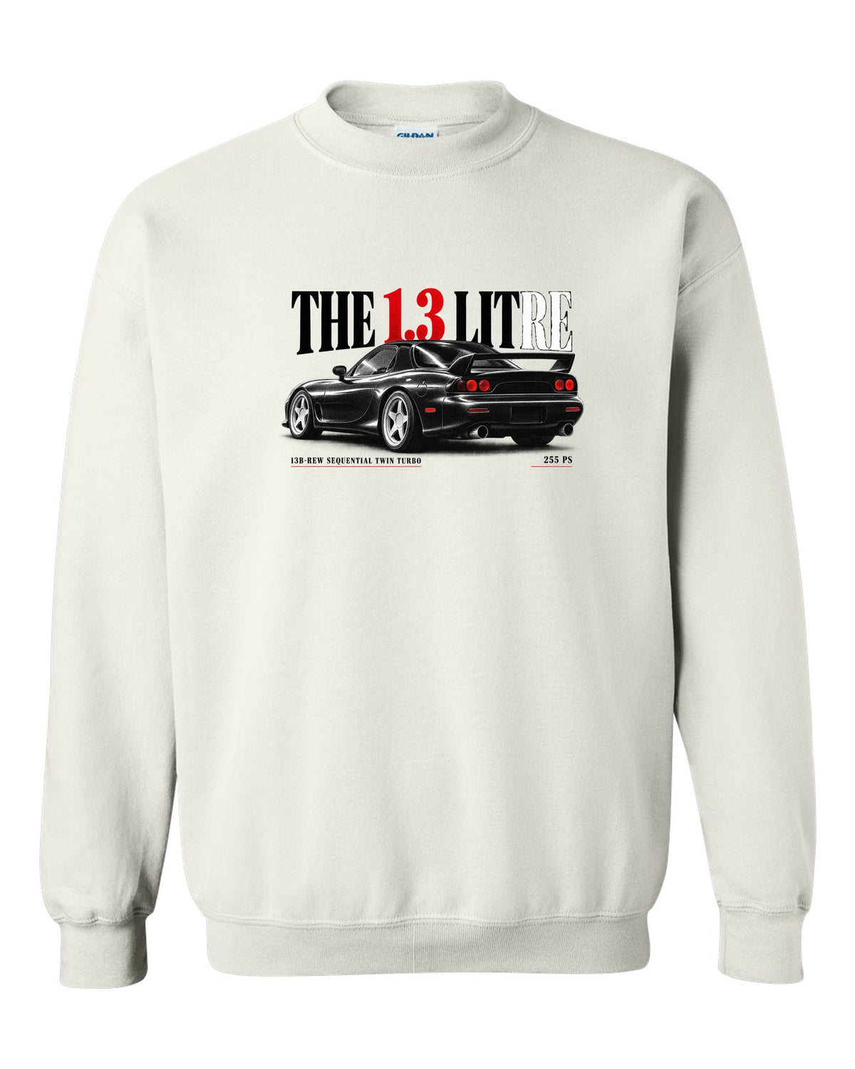 Editorial headline print for the 1992 Mazda RX-7 FD3S with 13B-REW sequential twin turbo and 255 PS white crewneck front view with the design