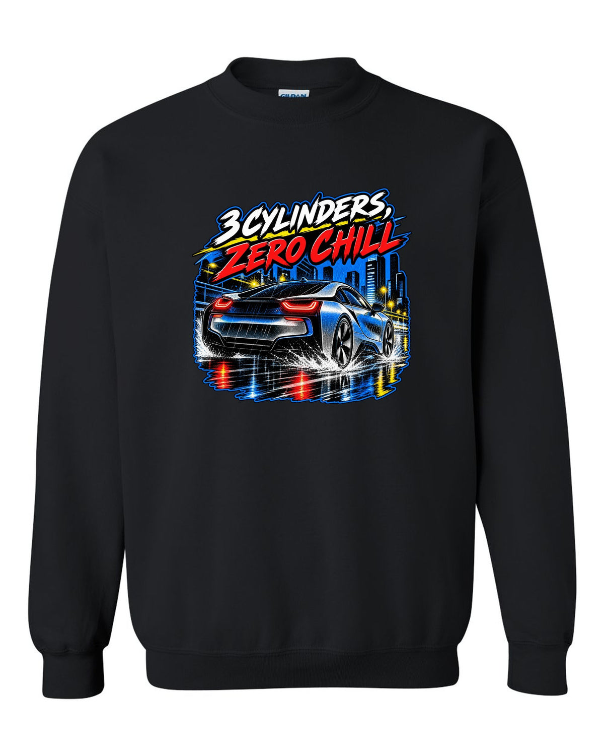 BMW i8 I12 retro manga halftone panel print with 3 cylinders zero chill text black crewneck front view with the design