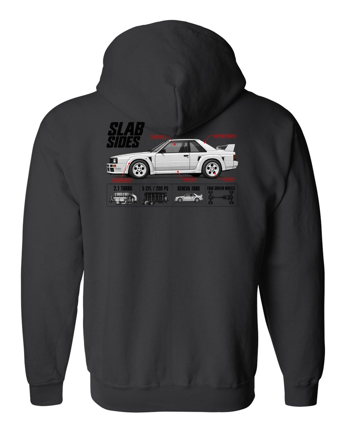 Audi Ur-Quattro Type 85 Slab Sides Spec Poster black zip hoodie back view with the design