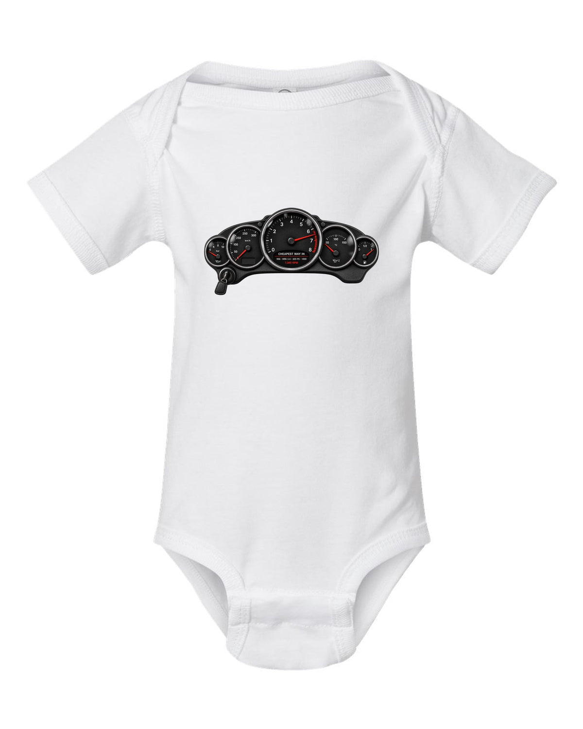 Cockpit gauge print of a Porsche 911 Carrera (996) with the caption Cheapest Way In and 7,300 rpm white baby onesie front view with the design