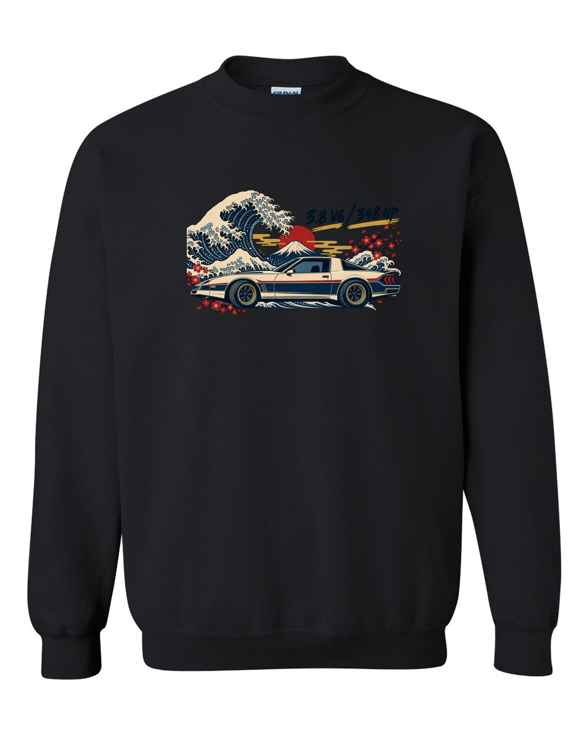 Ukiyo-e woodblock print of a Hyundai Genesis Coupe BK2 with 3.8 V6 348 HP text black crewneck front view with the design