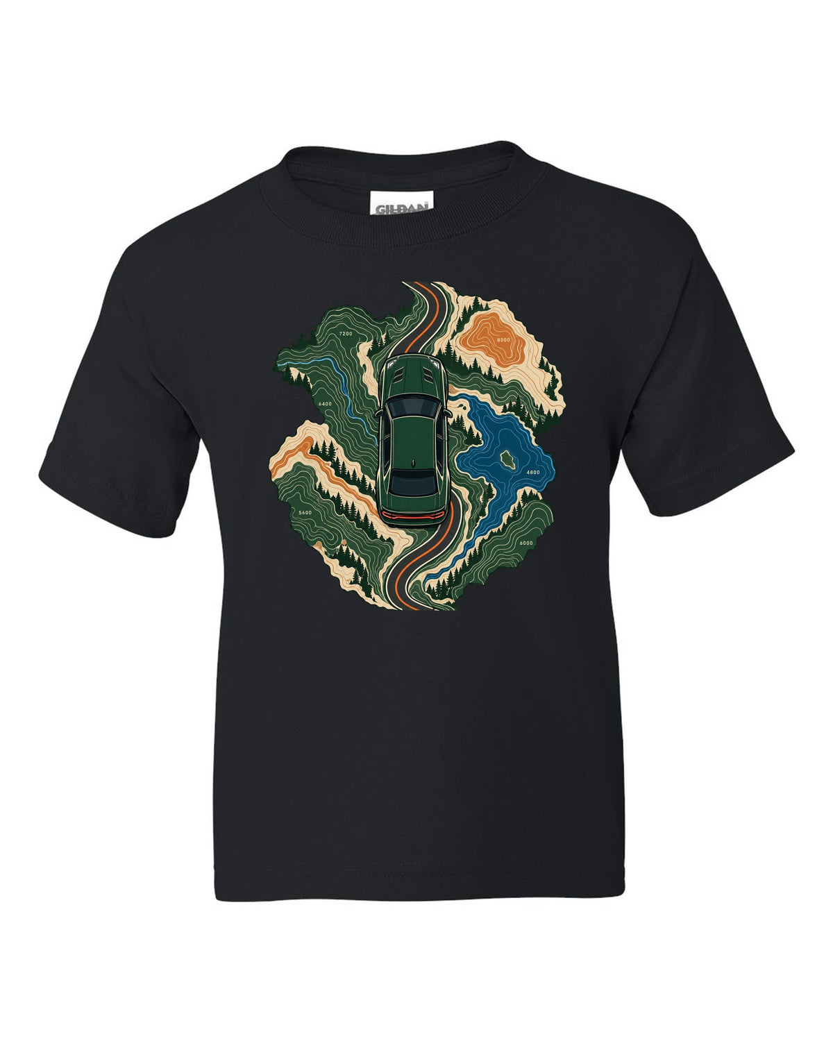 Topographic route map design with a 2019 Dodge Charger Scat Pack and 392 HEMI caption black kids tee front view with the design