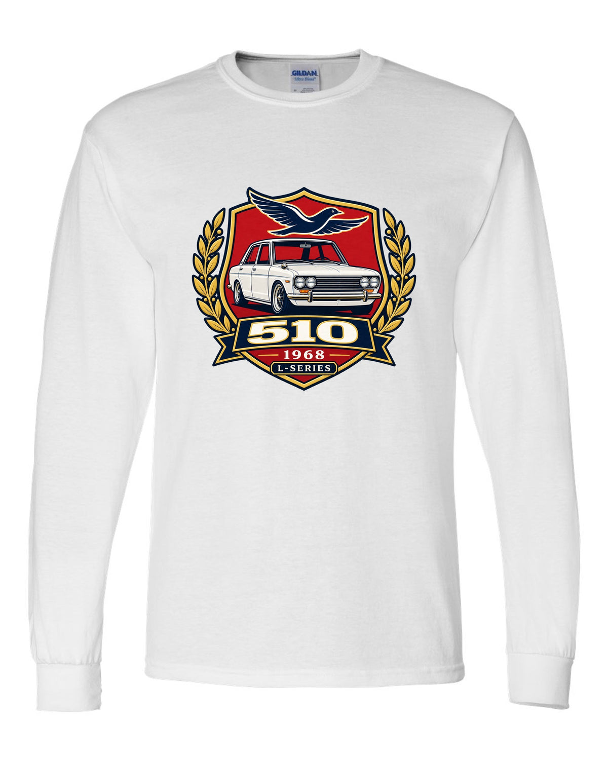 Shield crest print for the Datsun 510 with 510, 1968 and L-Series lettering white long sleeve front view with the design