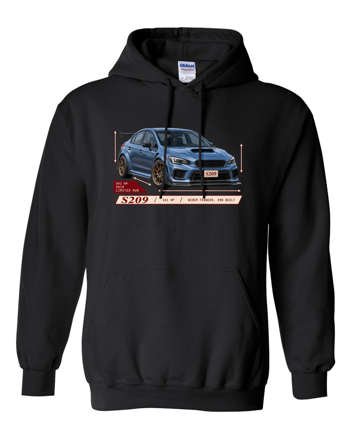 Subaru WRX STI S209 2019 widebody archive panel design black pull over hoodie front view with the design