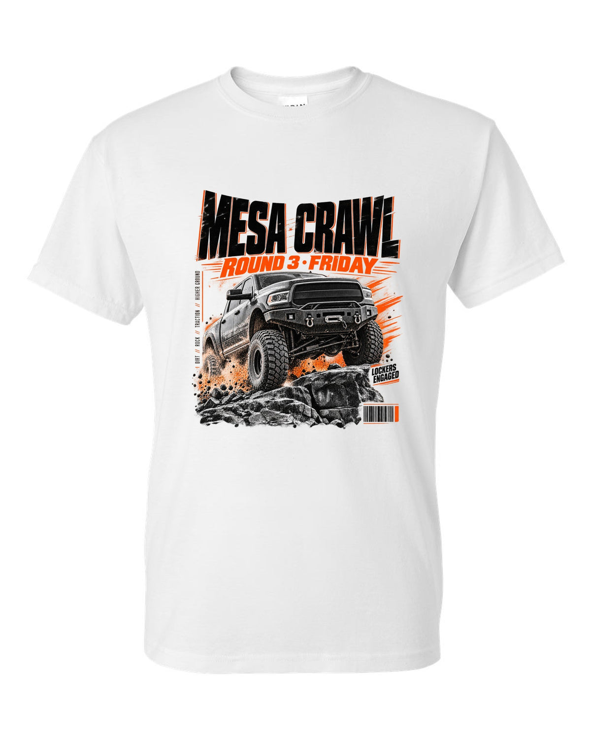 Race poster print of a Ram 2500 Power Wagon at a Mesa Crawl event white t-shirt front view with the design
