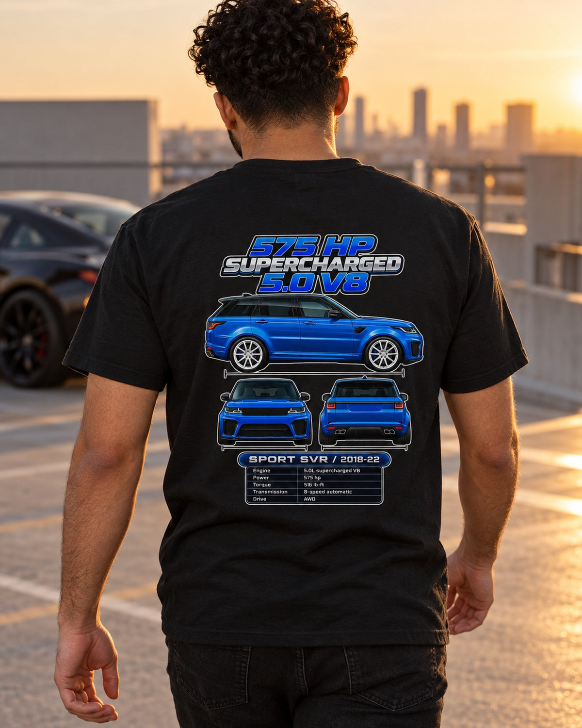 Range Rover Sport Svr Spec Sheet Full-Back Graphic Tee T-Shirt Black worn hero