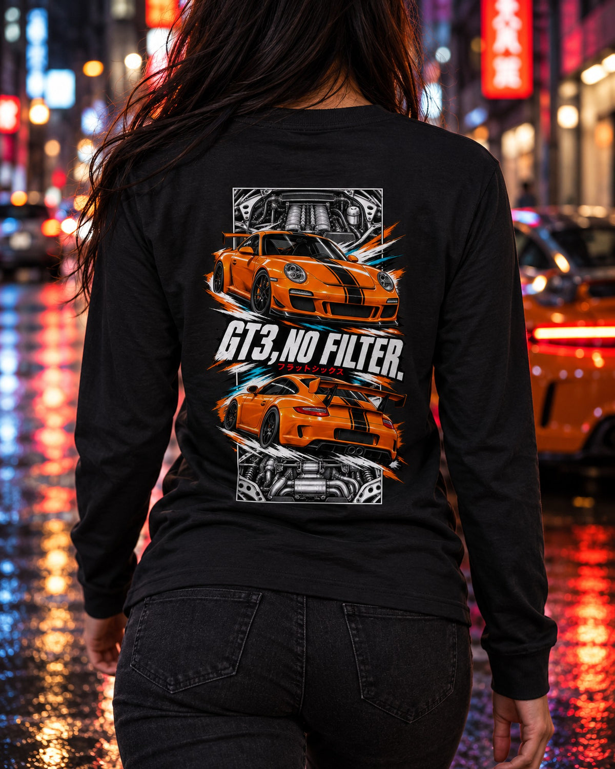 Porsche 997 Gt3 Torn Poster Full-Back Graphic Tee Long Sleeve Black worn hero