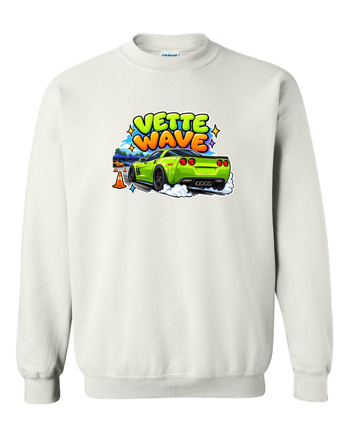 Cartoon sticker sheet print of a 2008 Chevrolet Corvette C6 Z06 with Vette Wave lettering white crewneck front view with the design