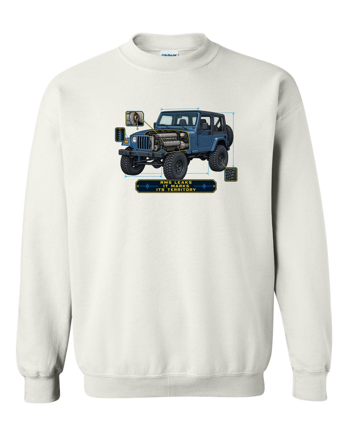 Blueprint style engine cutaway of a Jeep Wrangler TJ with RMS LEAKS IT MARKS ITS TERRITORY lettering white crewneck front view with the design