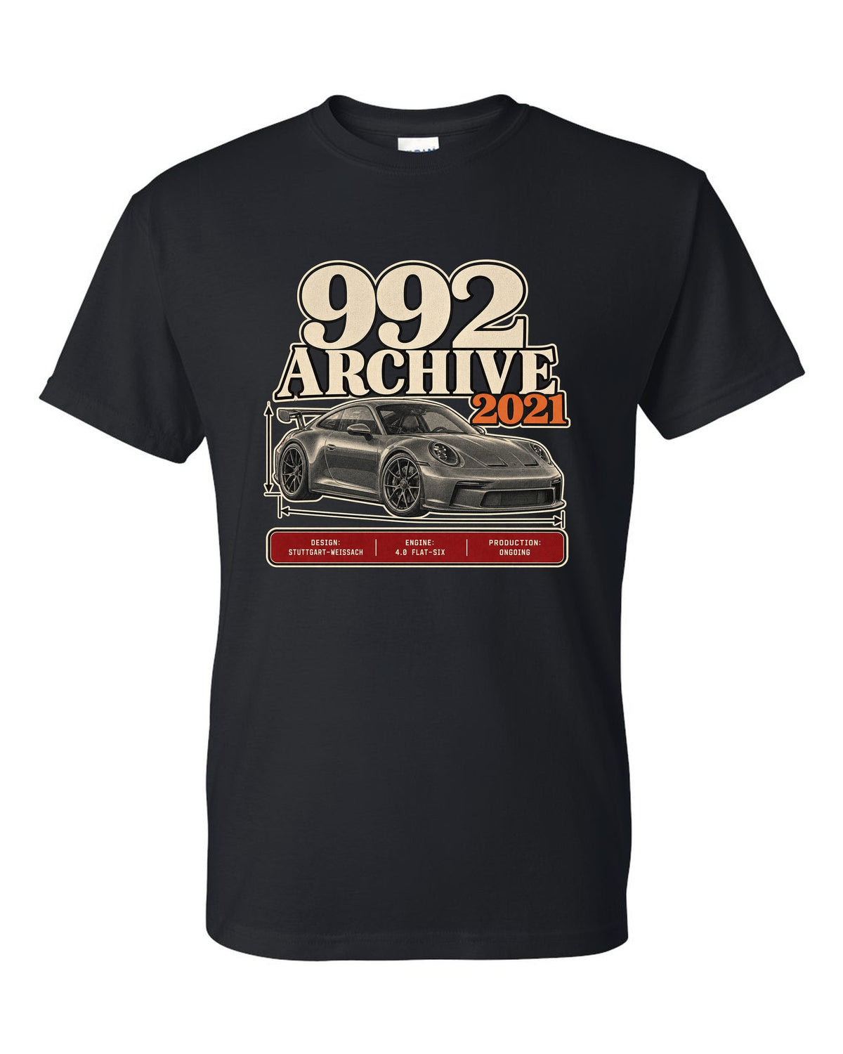 Porsche 992 GT3 archive panel print design black t-shirt front view with the design