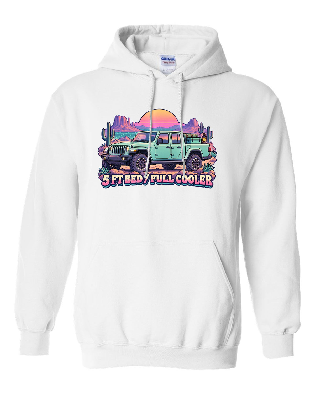 Vaporwave pastel print of a Jeep Gladiator JT in a desert camp with cooler text white pull over hoodie front view with the design