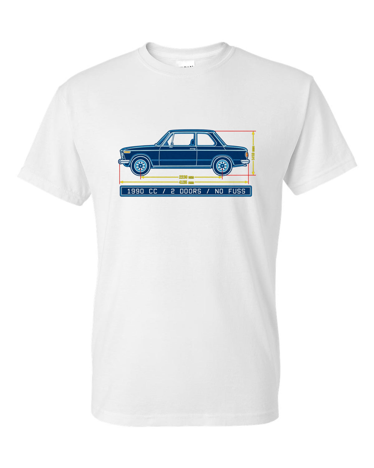 BMW 2002 turbo flared arch linocut woodcut print with 1,672 built text white t-shirt front view with the design